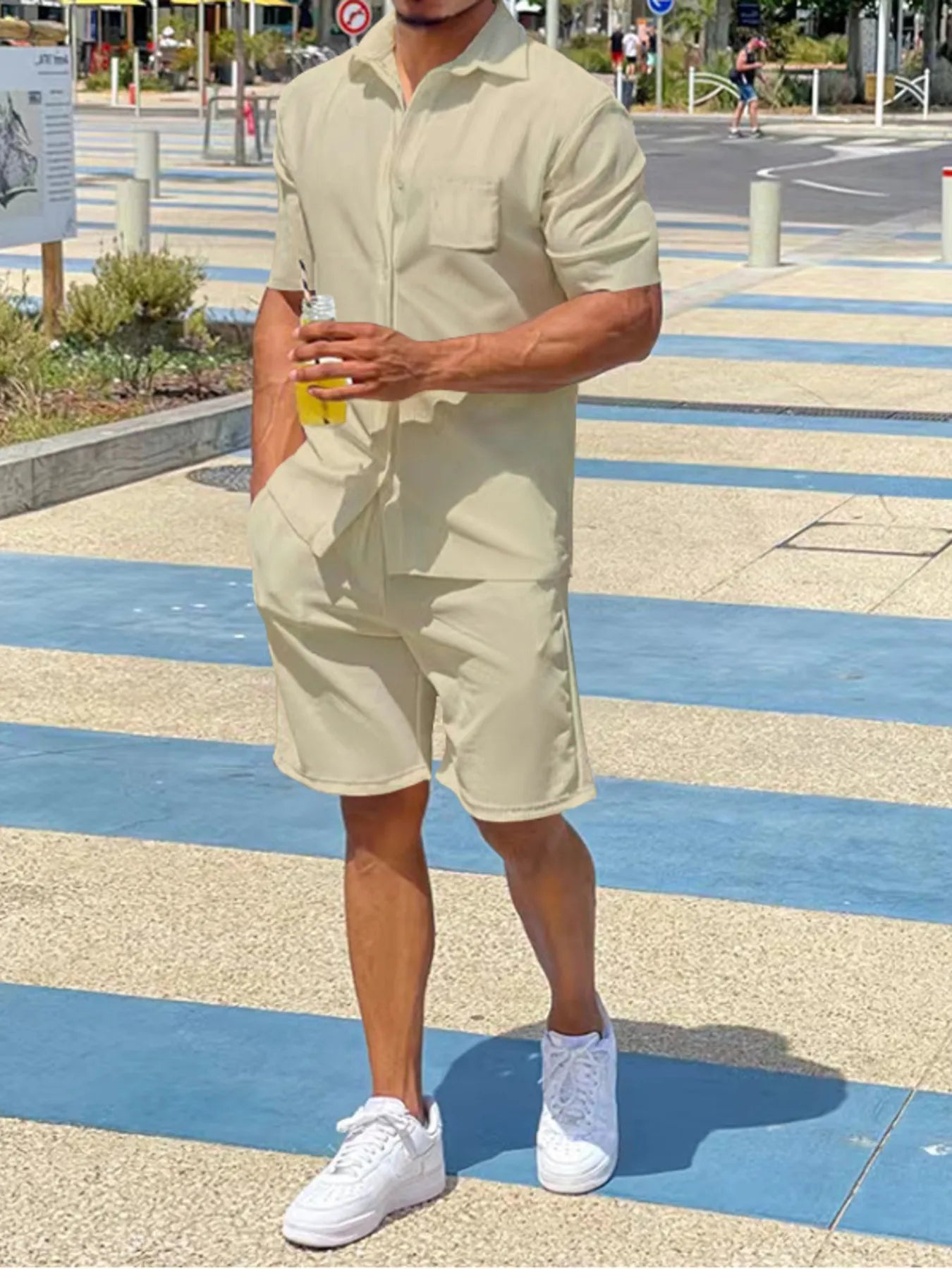Khaki button-up shirt and matching shorts set, short sleeves with chest pocket