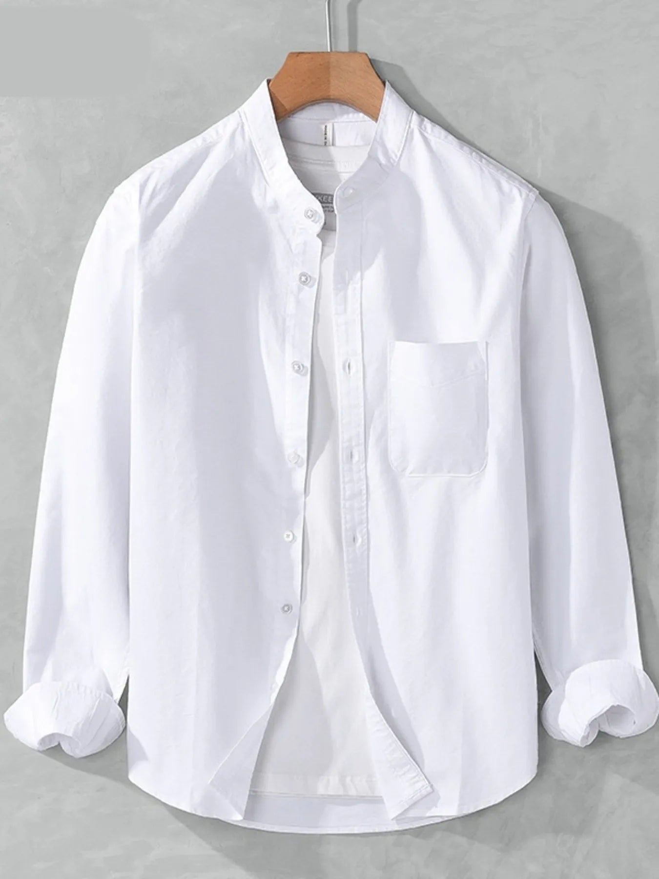 White men's plus-size button-up long-sleeve shirt with chest pocket, front view
