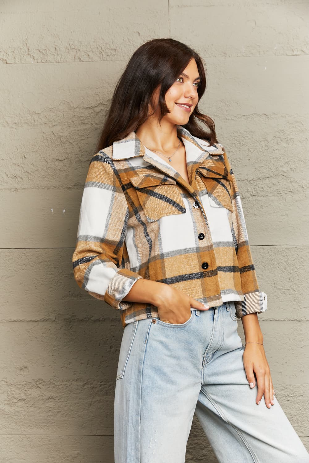 Camel plaid collared jacket with button front, fleece-trim collar, and chest pockets