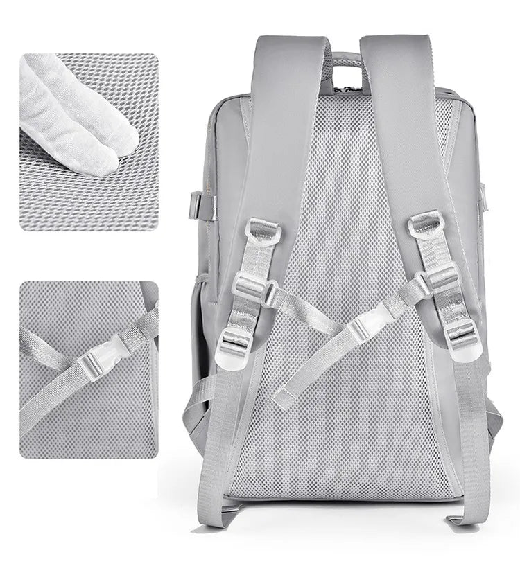 Light gray multifunction backpack bag with padded mesh back and adjustable shoulder straps