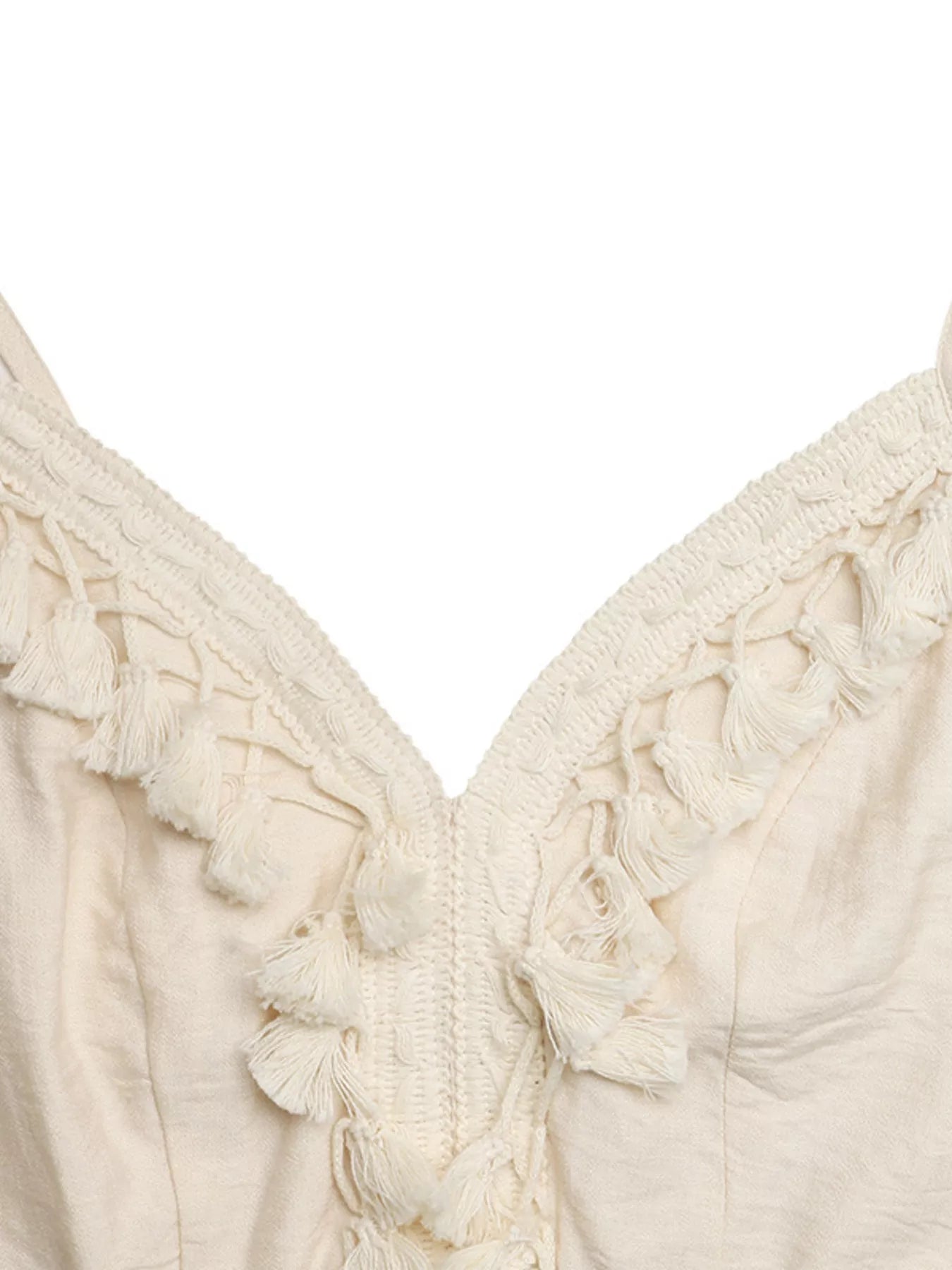 Cedar & Moore Lace Trim Spaghetti Strap Jumpsuit in cream with tassel fringe neckline