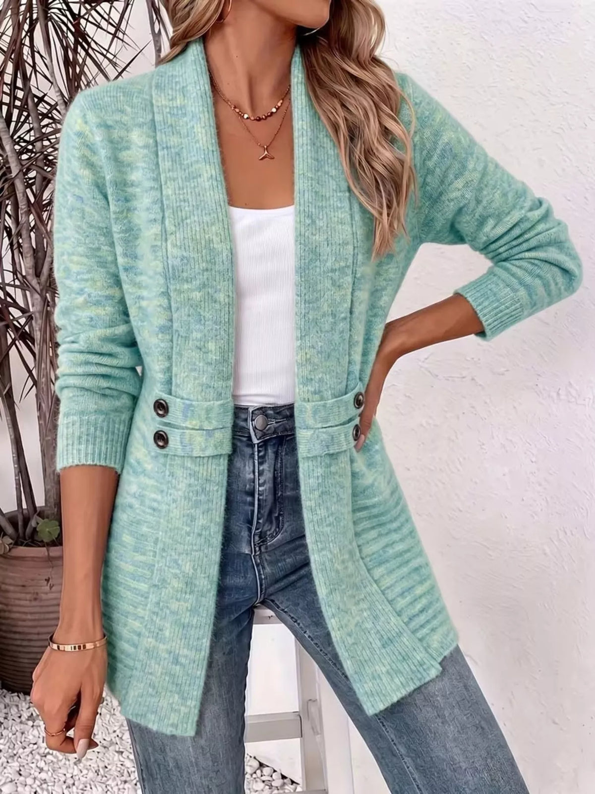Light green open-front ribbed long-sleeve cardigan with two-button placket and pockets