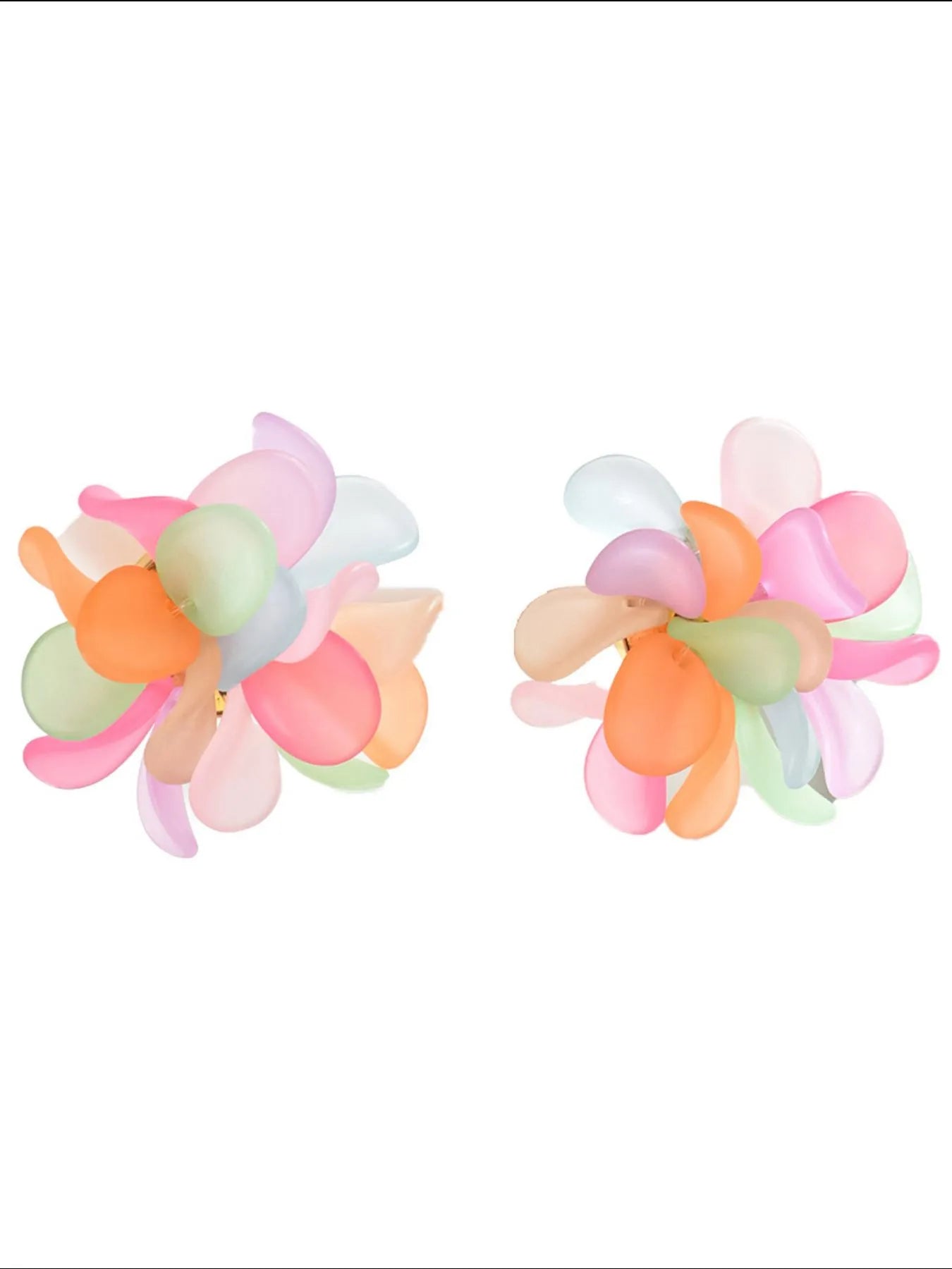 Two acrylic flower stud earrings with multicolor pastel petals on stud backs