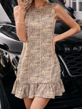 Sleeveless tweed mini dress with round neckline and ruffled hem, tan speckled
