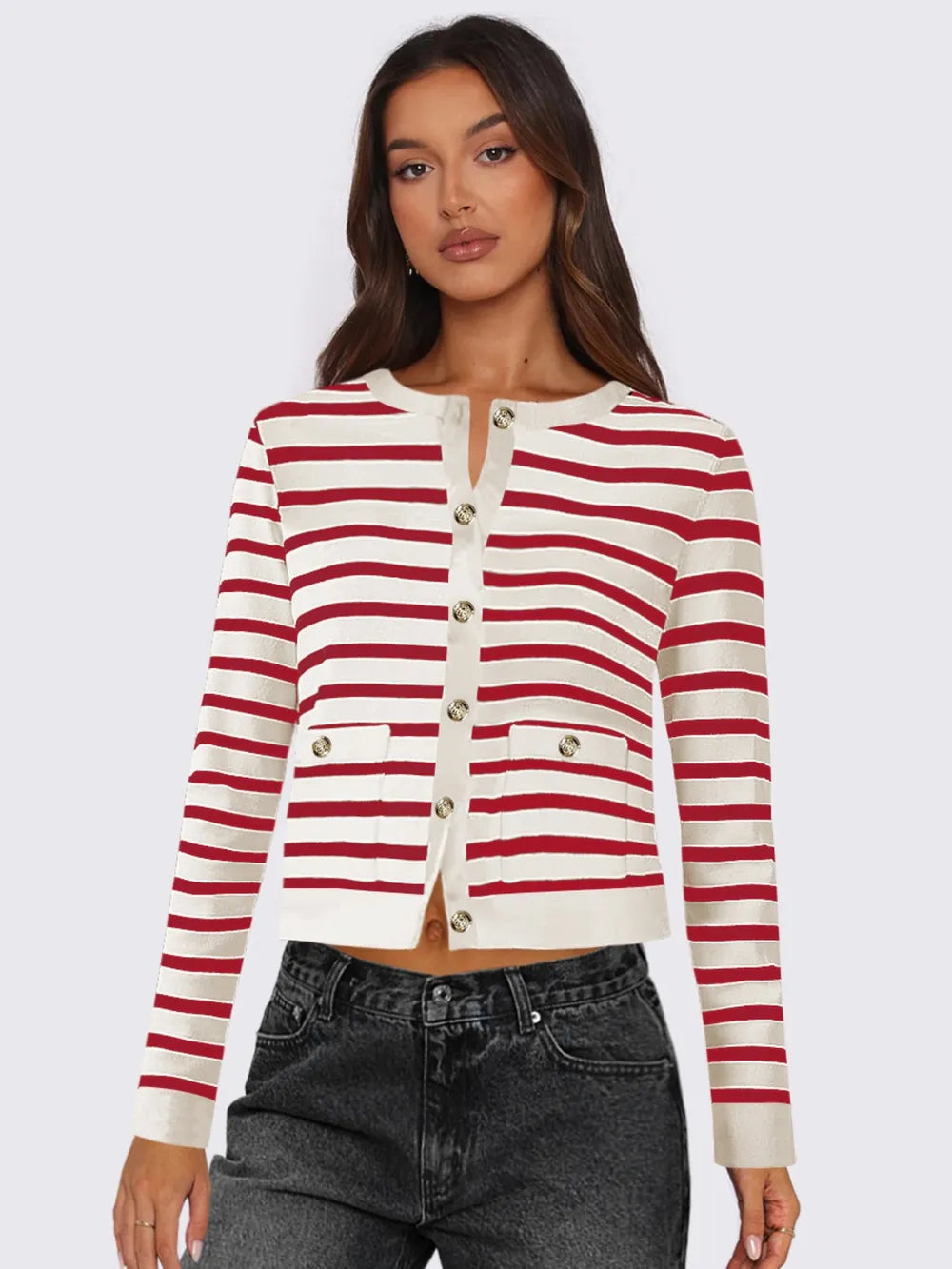 Striped button-up cardigan with round neck and long sleeves, red and white stripes