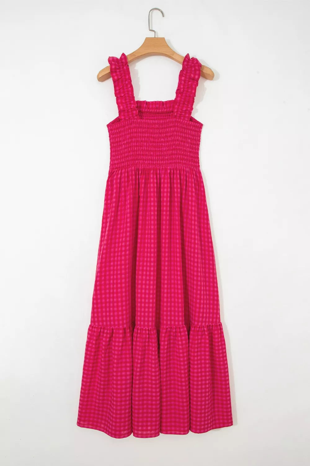 Deep rose square-neck sundress on hanger with ruffle straps and tiered check pattern