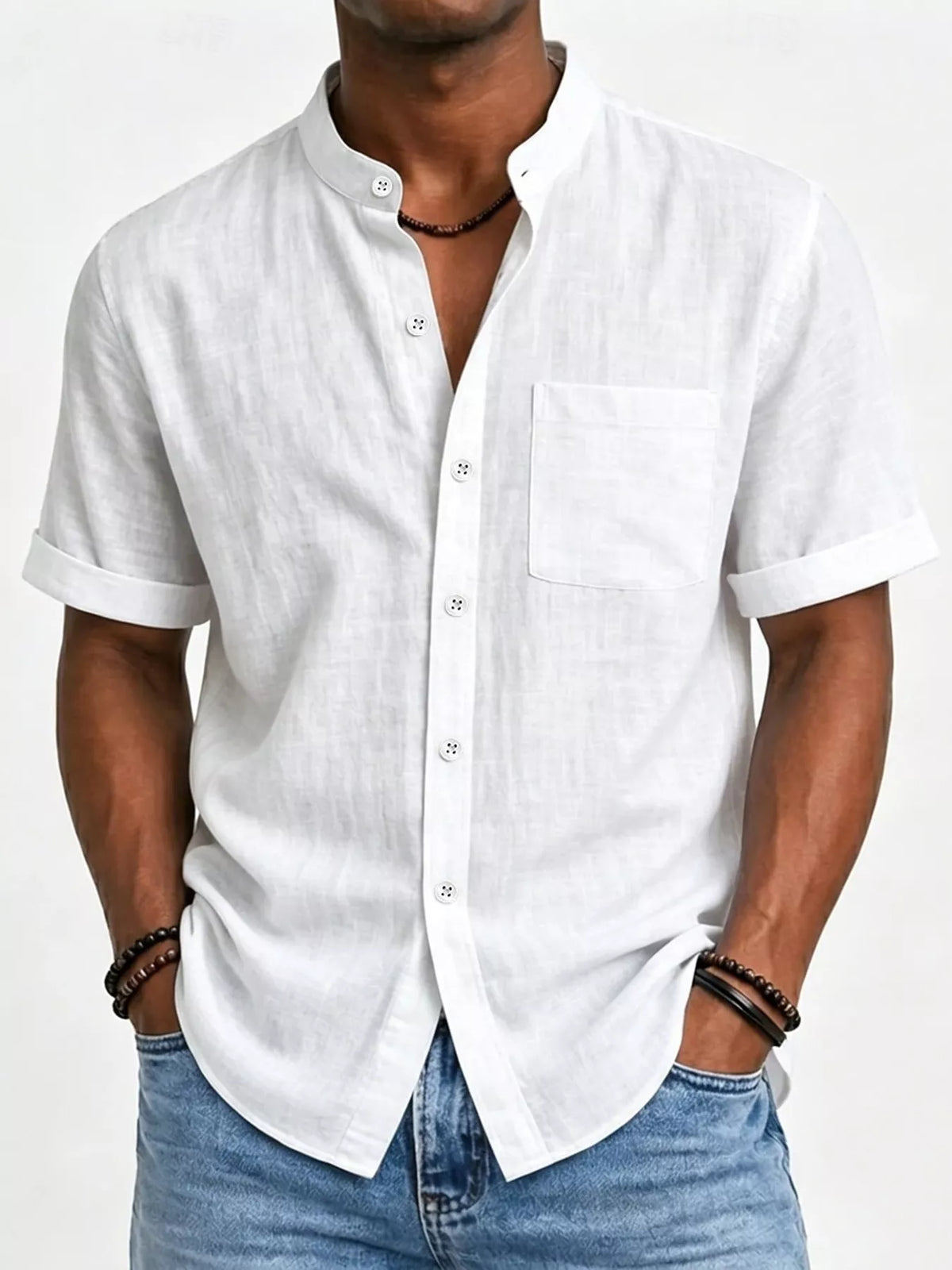 Men's short-sleeve button-up cotton shirt in white, chest pocket