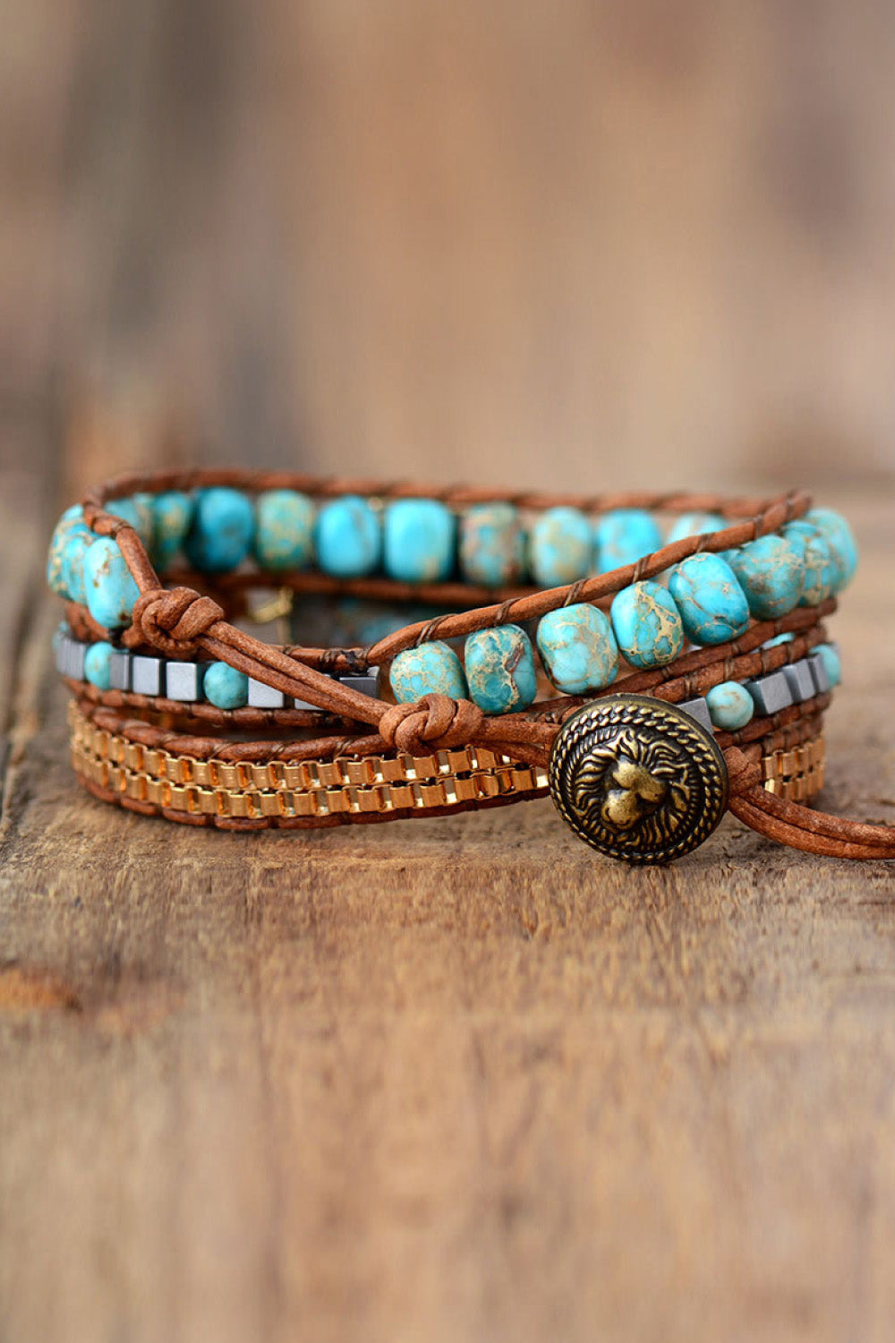 Turquoise stone wrap bracelet with braided brown leather and round bronze clasp