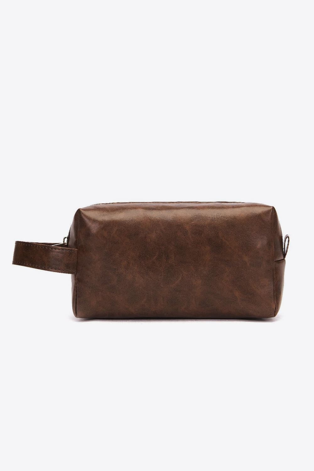 Dark brown vegan leather makeup bag with top zipper and side pull handle