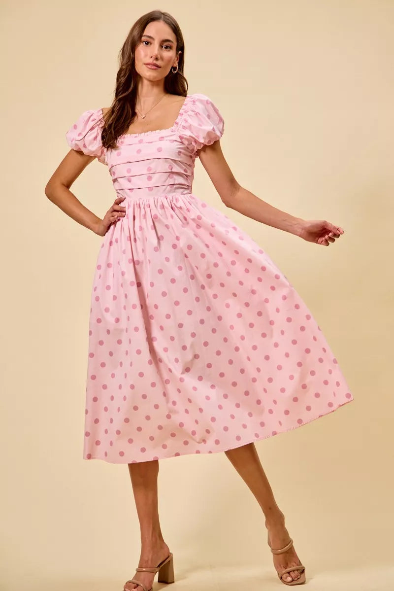 Cedar & Moore SO ME pink cotton polka-dot midi dress with short sleeves