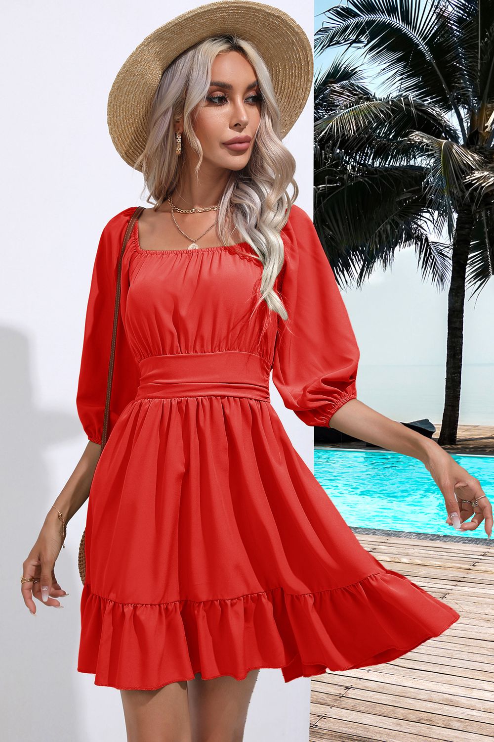 Red square-neck ruffle hem dress with tiered skirt and tie-back detail