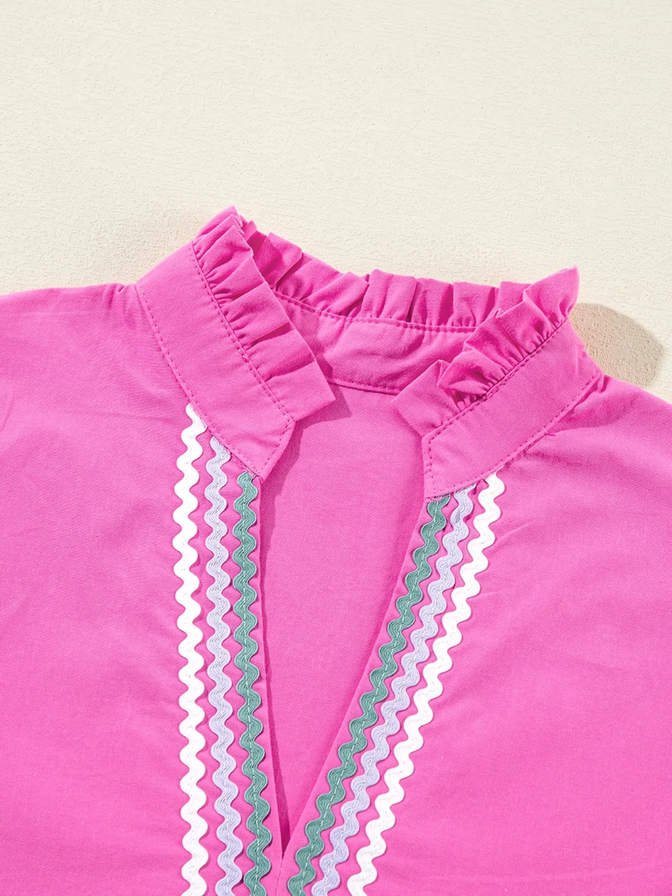 Ric Rac Colorblock Flutter Sleeve Tiered Dress in pink with white-green trim by Trendsi