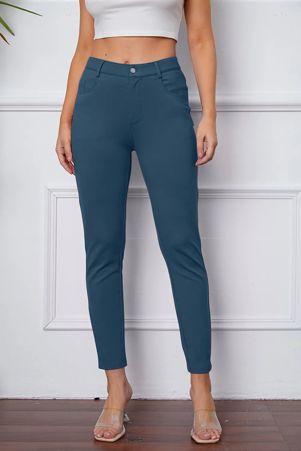StretchyStitch pants, dark blue, button closure, belt loops, ankle length