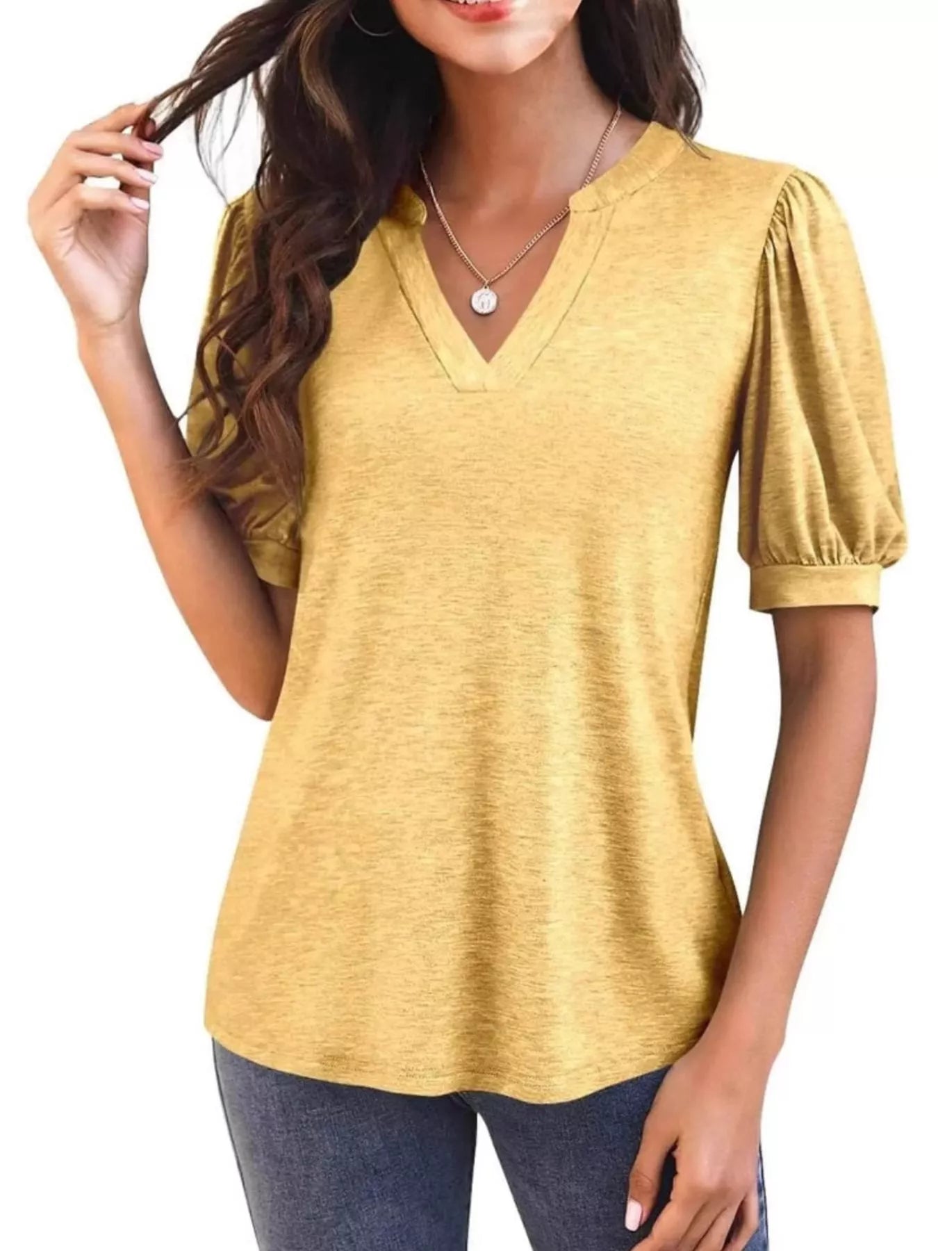 Cedar & Moore Puff Sleeve Notched Casual T-Shirt in mustard yellow by Trendsi