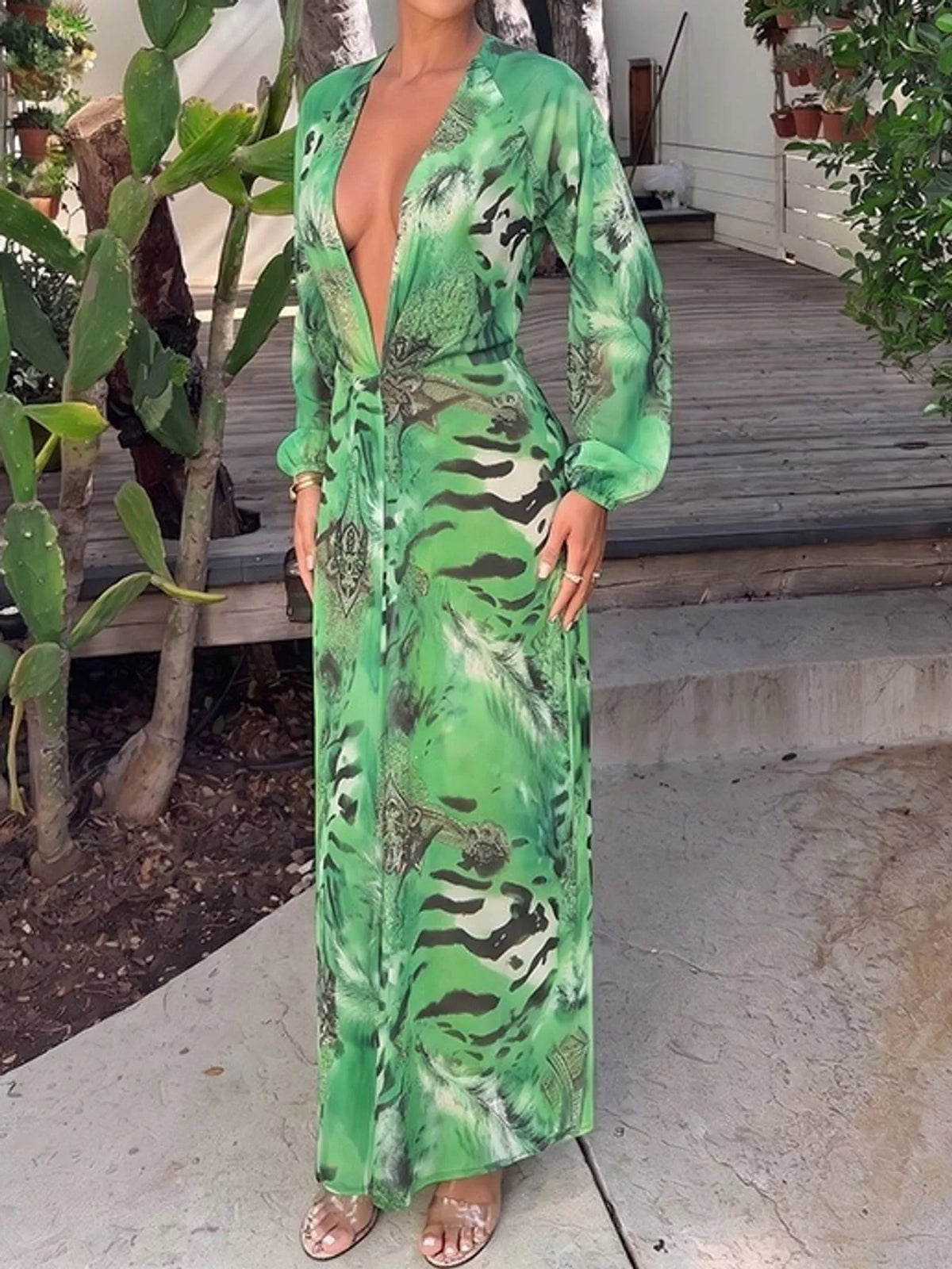 Green printed long-sleeve deep V maxi dress with buttonless front and belt tie