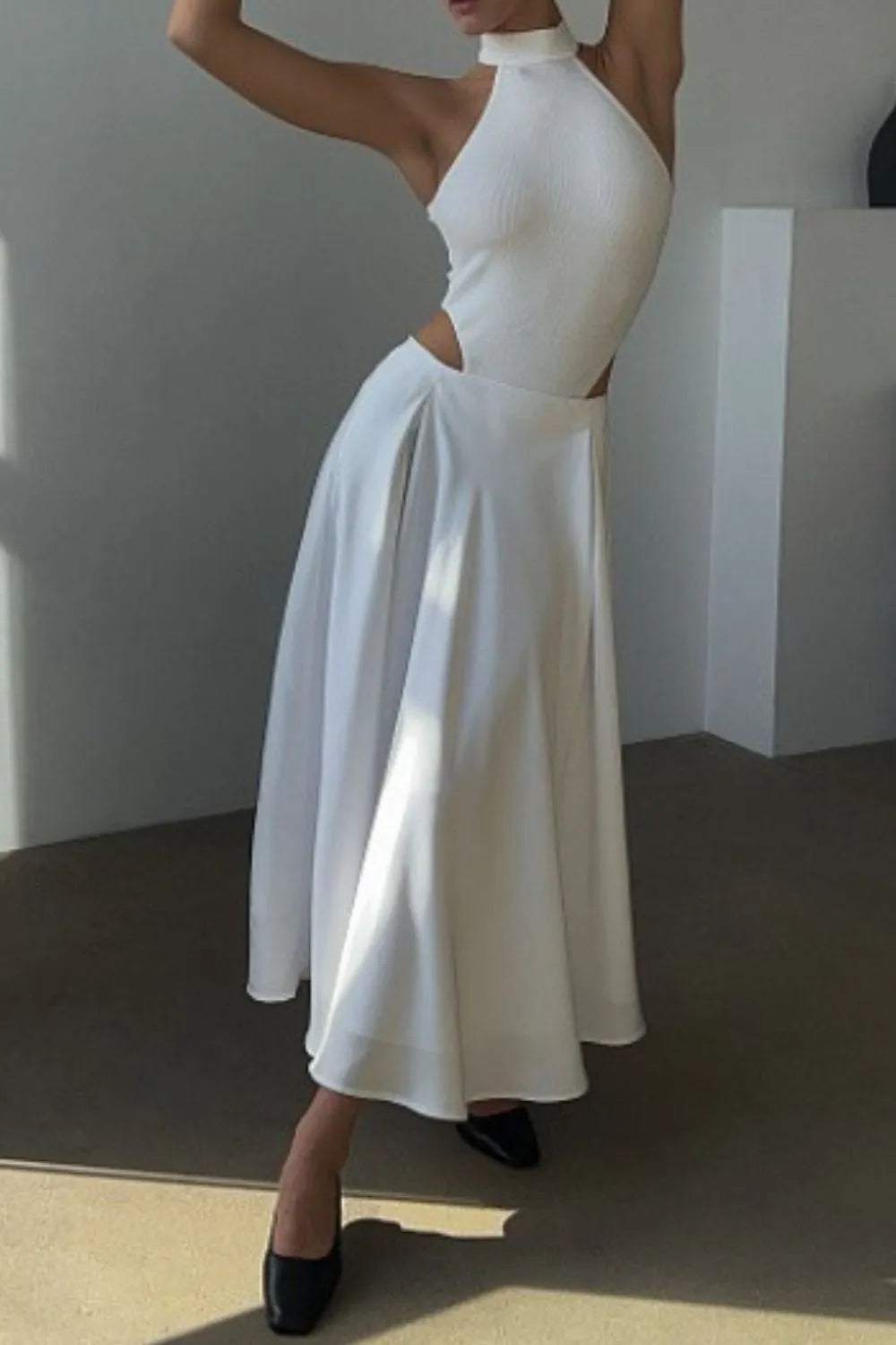 White satin midi skirt with elastic back waist, full skirt with wide flowing hem