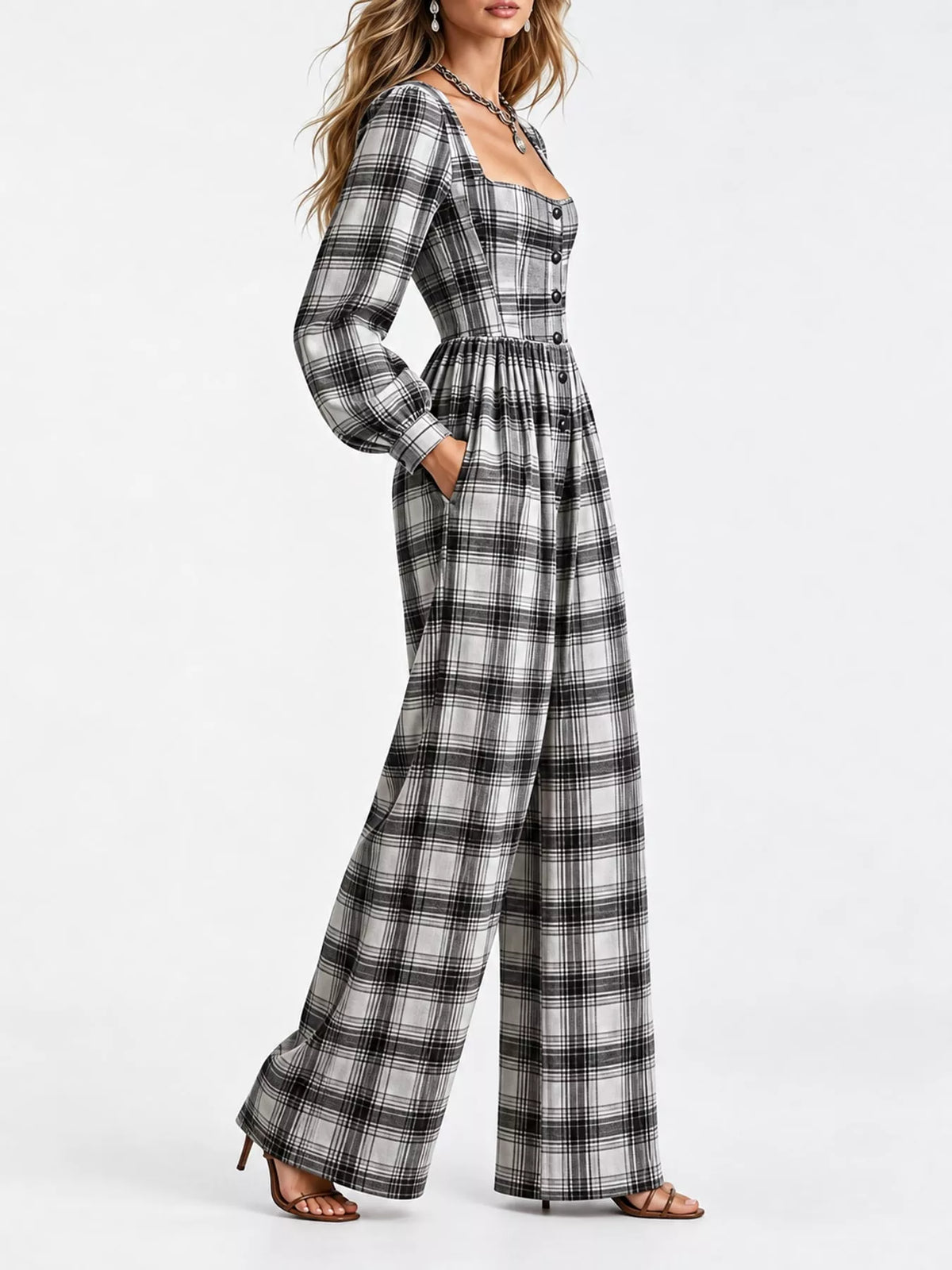 Plaid square-neck long-sleeve jumpsuit with gathered waist and wide legs, black and white