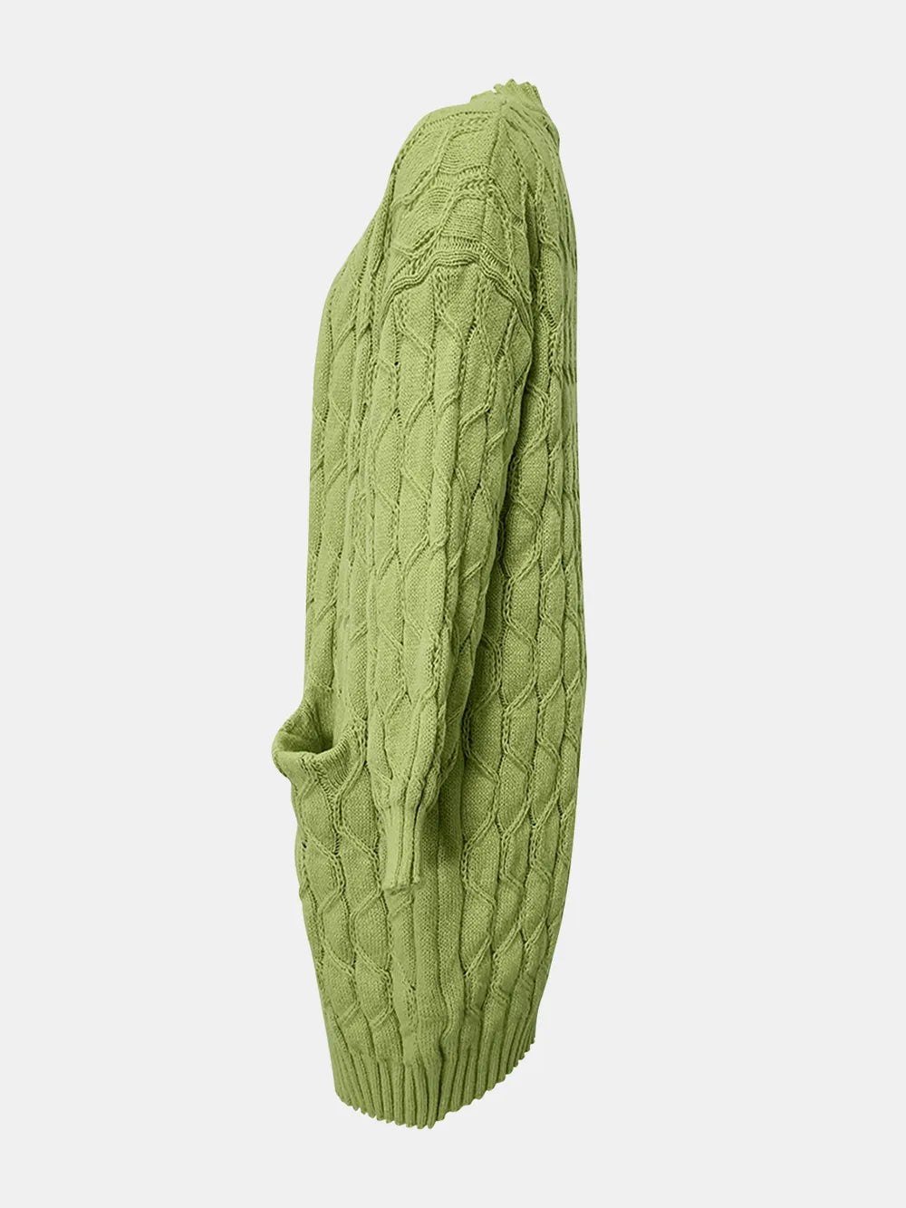 Open-front long sleeve cardigan, textured green cable-knit side view