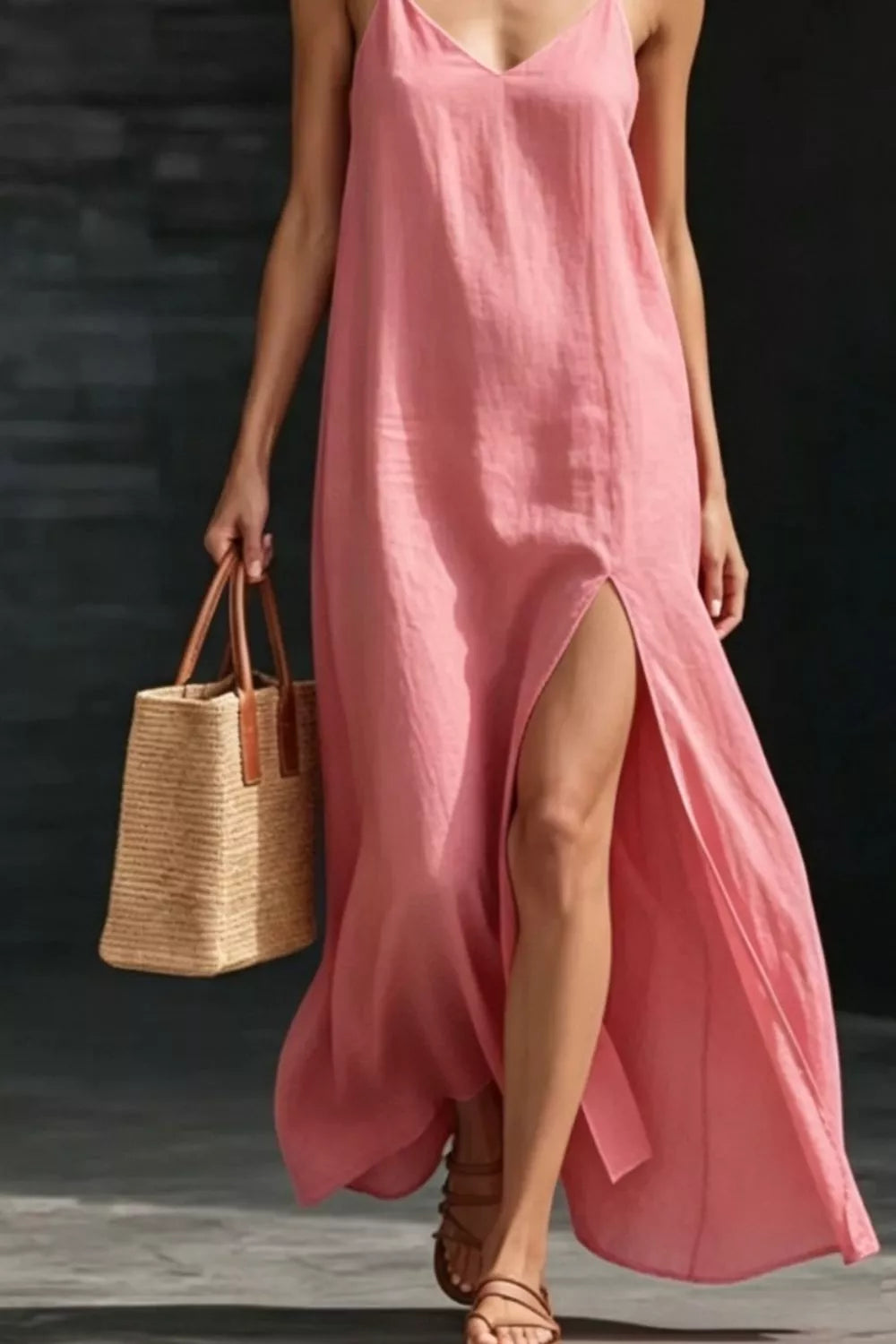 Cedar & Moore Slit V-Neck Maxi Dress, pink sleeveless with side slit