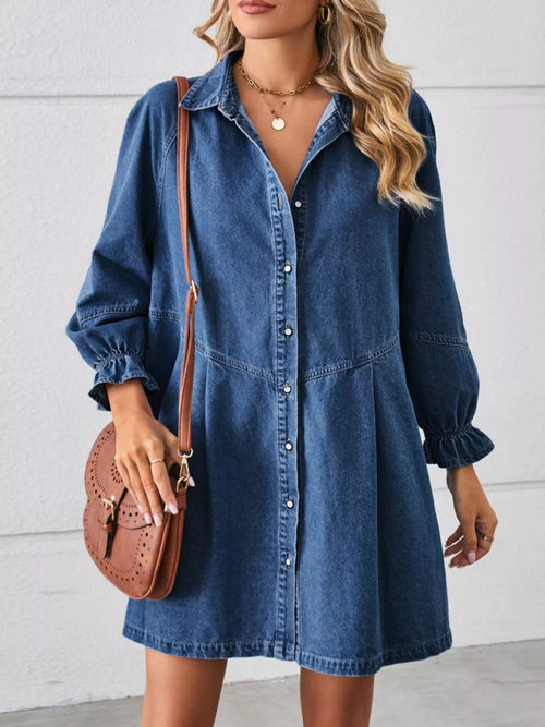 Navy denim button-front dress with ruffle cuffs and gathered waist seam