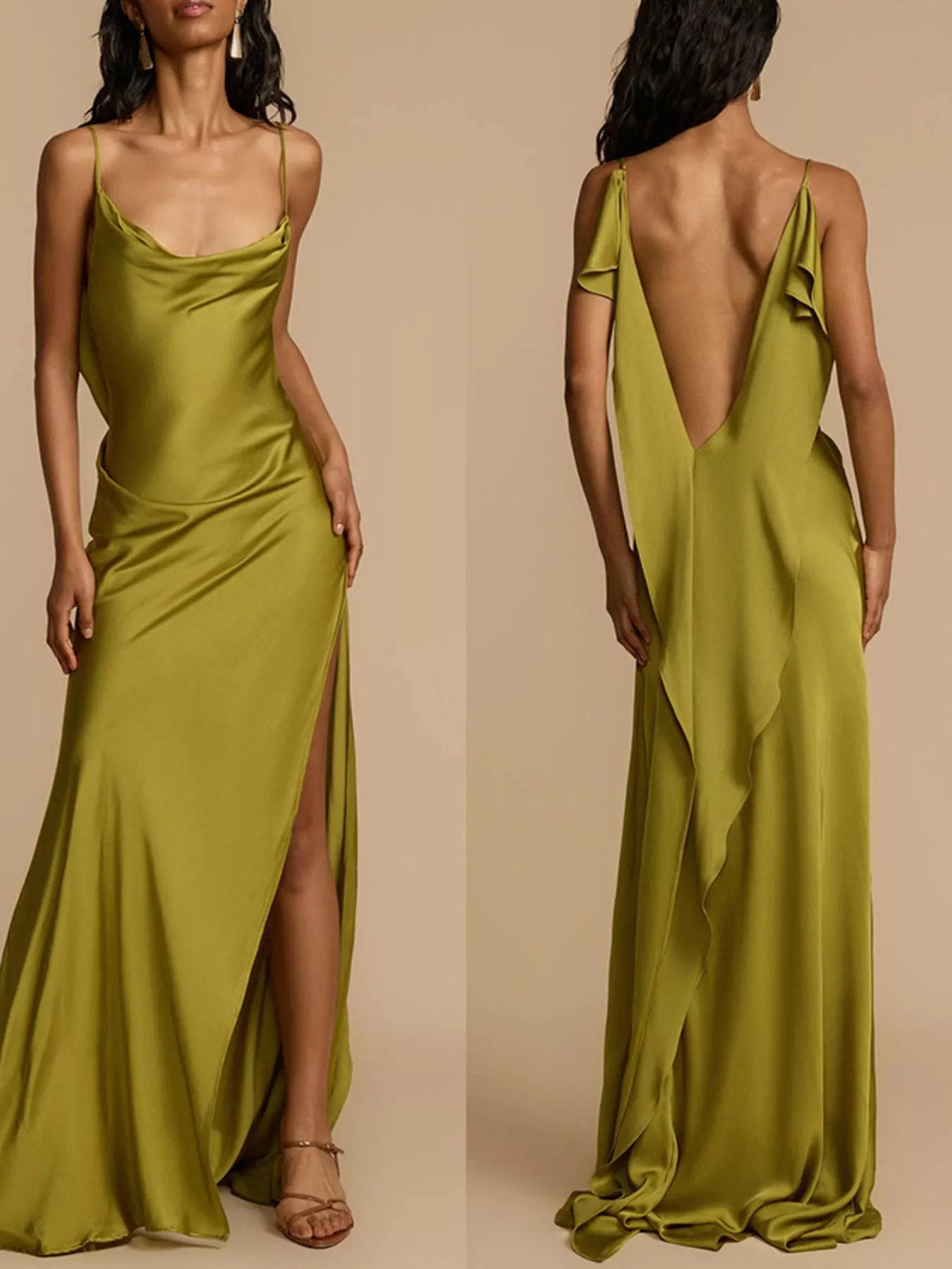 Cedar & Moore two-view Satin Cowl Neck Slit Maxi Dress in olive green, spaghetti straps, back open