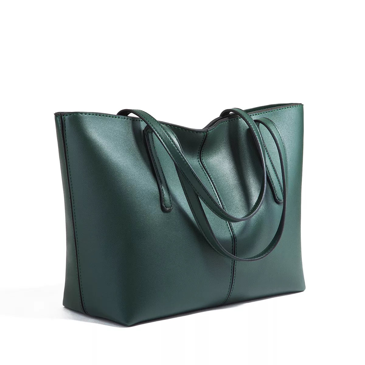 Green vegan leather tote bag with dual handles and stitched front panel
