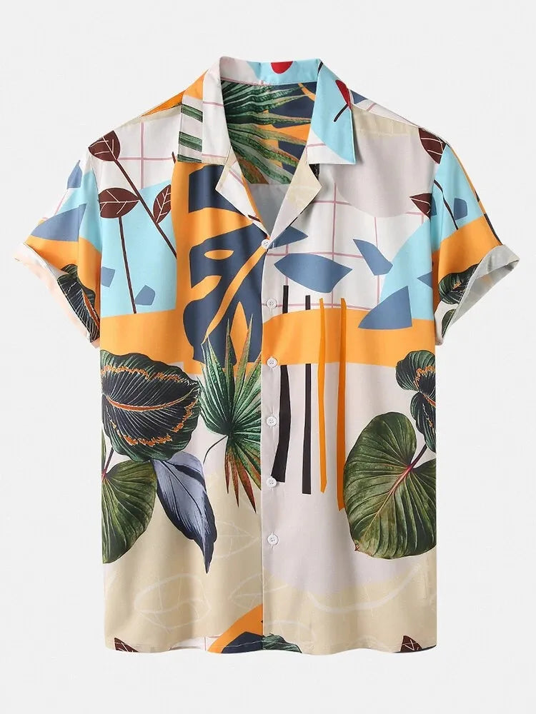 Beige printed short-sleeve shirt with tropical leaves, orange and blue abstract shapes