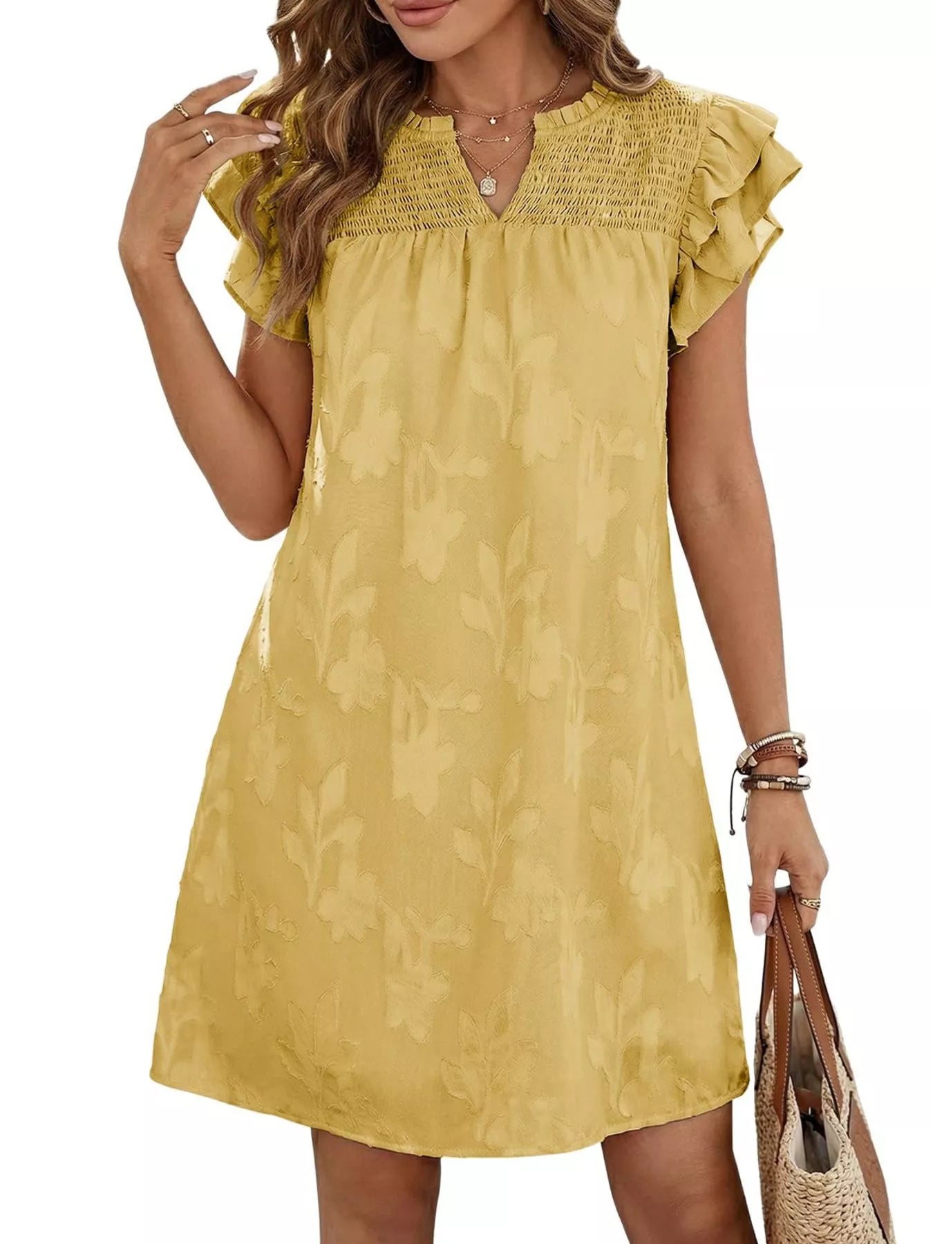 Floral Embossed Ruffle Sleeve Mini Dress in yellow with smocked bodice by Trendsi