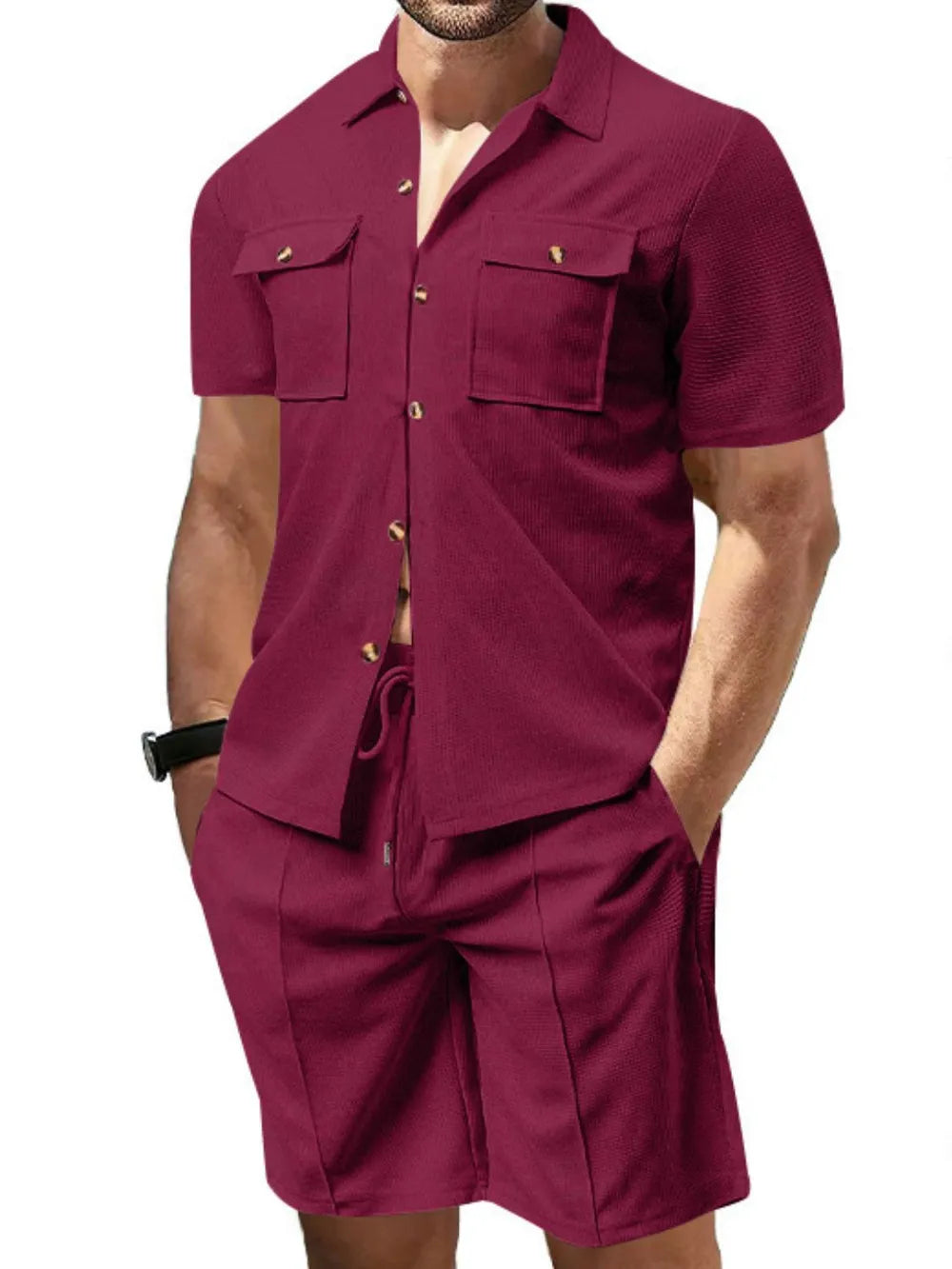 Men's burgundy short-sleeve button-down and shorts set; two chest pockets, drawstring waist