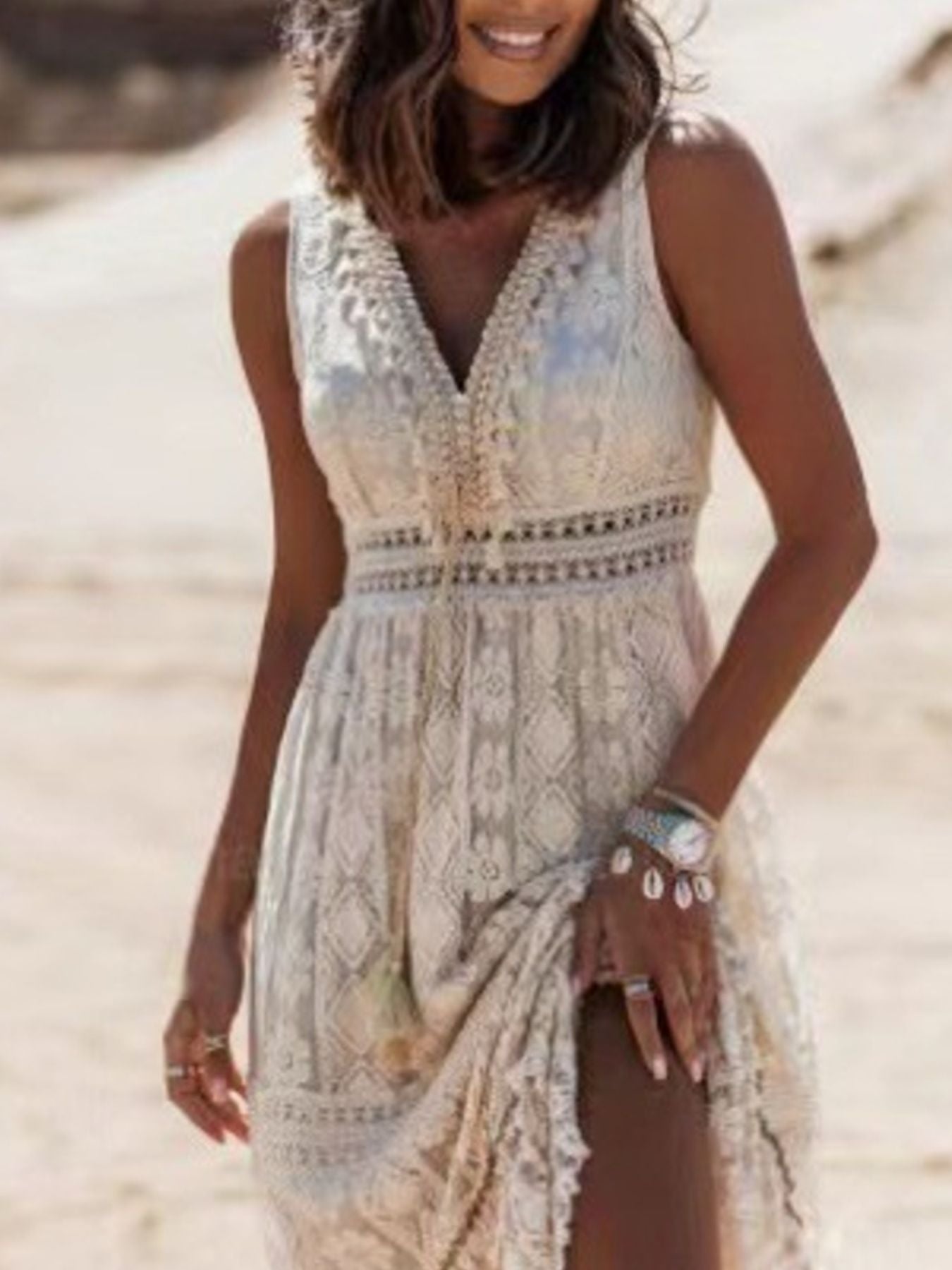 Lace V-Neck Sleeveless Maxi Dress - Trendsi cream lace with tassel details