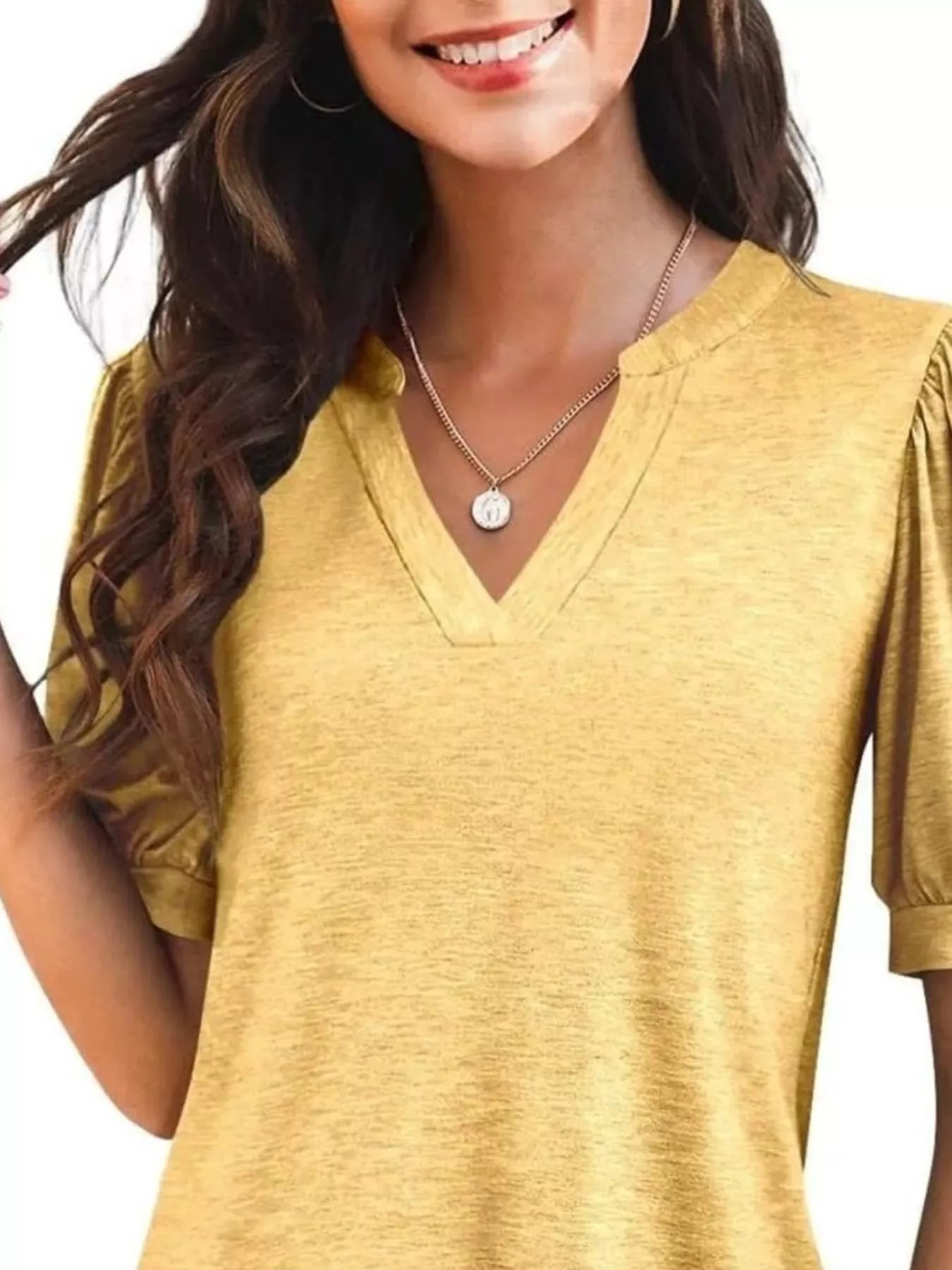 Cedar & Moore Puff Sleeve Notched Casual T‑Shirt in mustard yellow by Trendsi