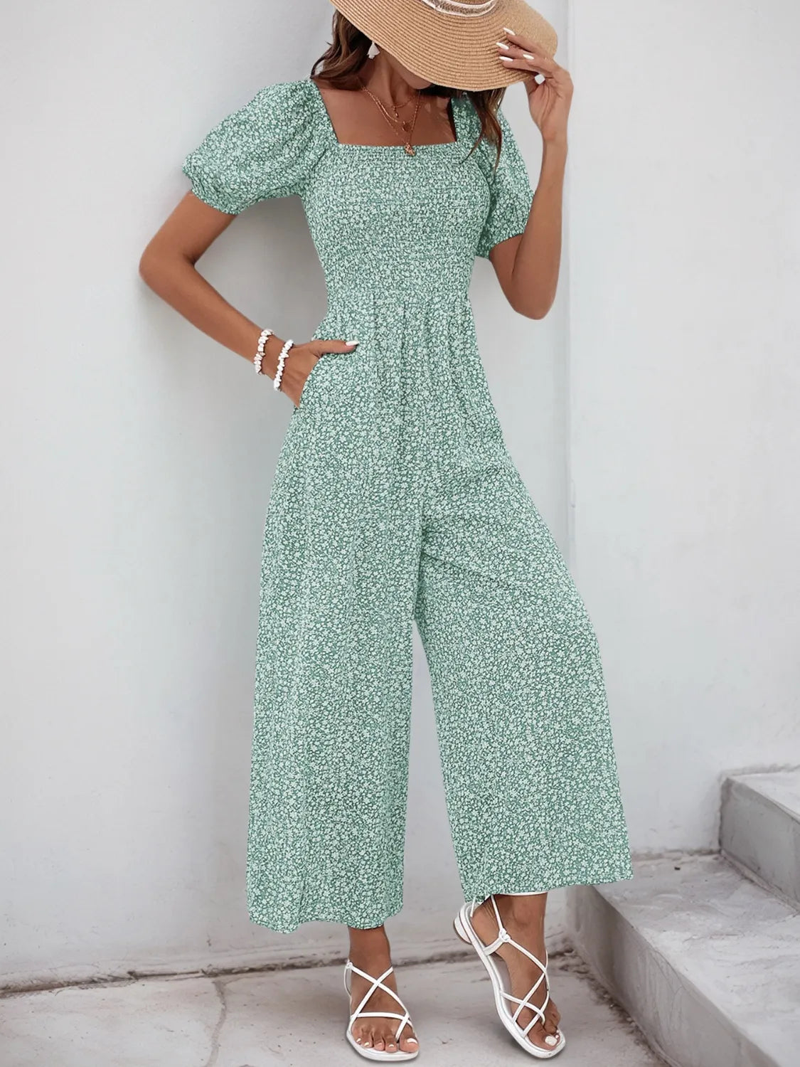 Light green printed square-neck puff sleeve wide-leg jumpsuit, front view