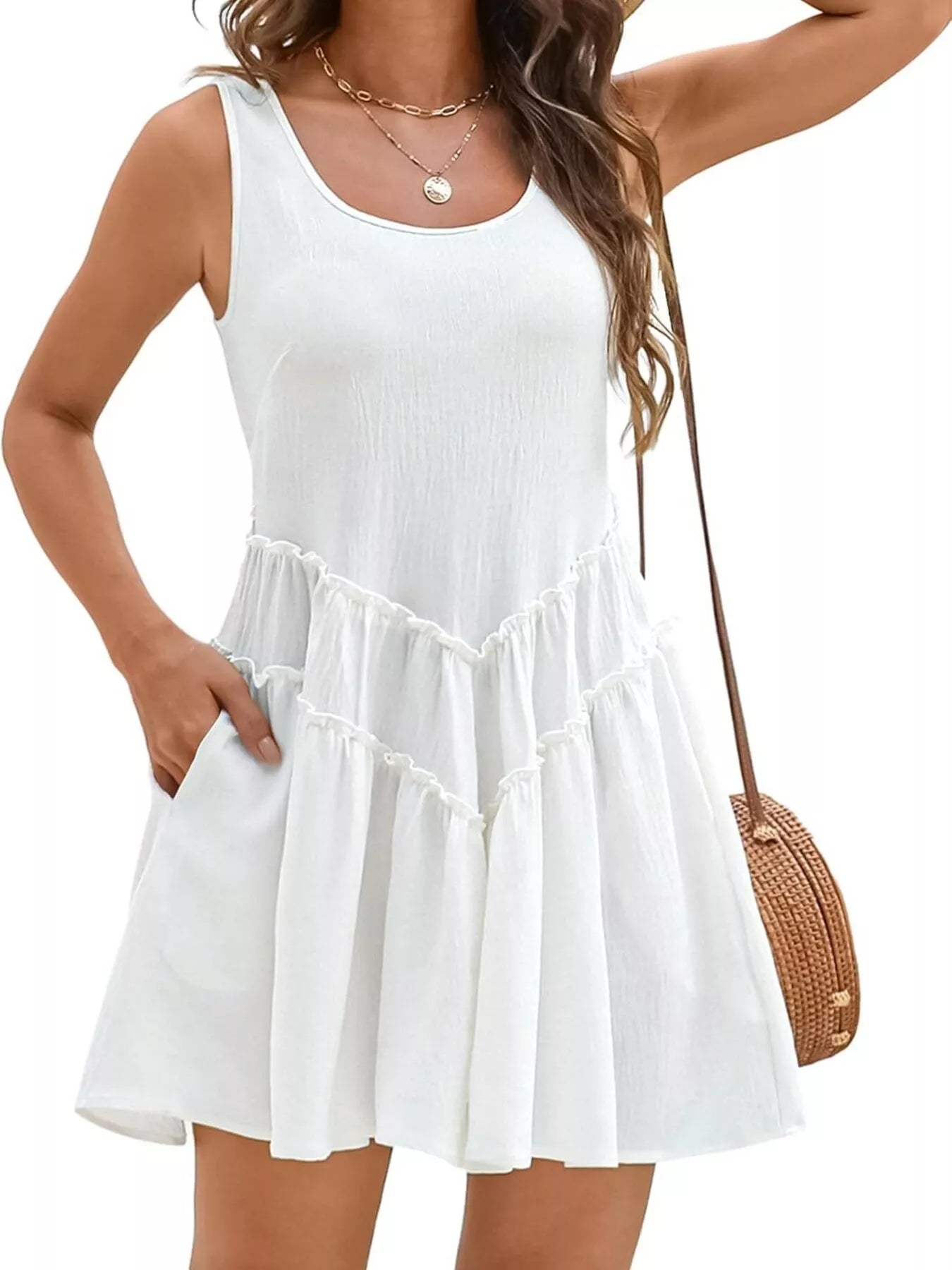 Round Neck Sleeveless Mini Dress, white with pockets and tiered frill details.