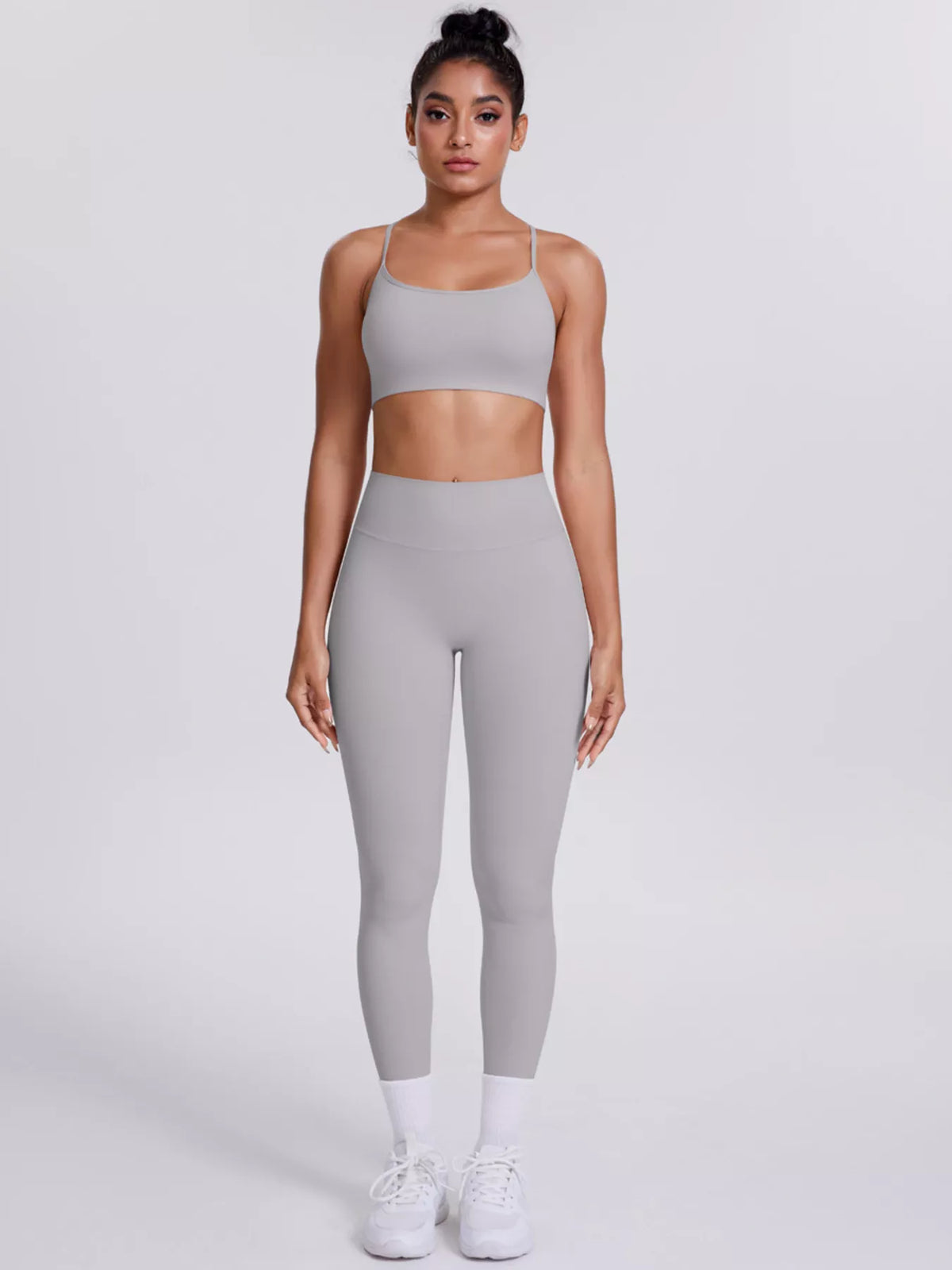Cream seamless cami crop top and high-rise capri leggings set