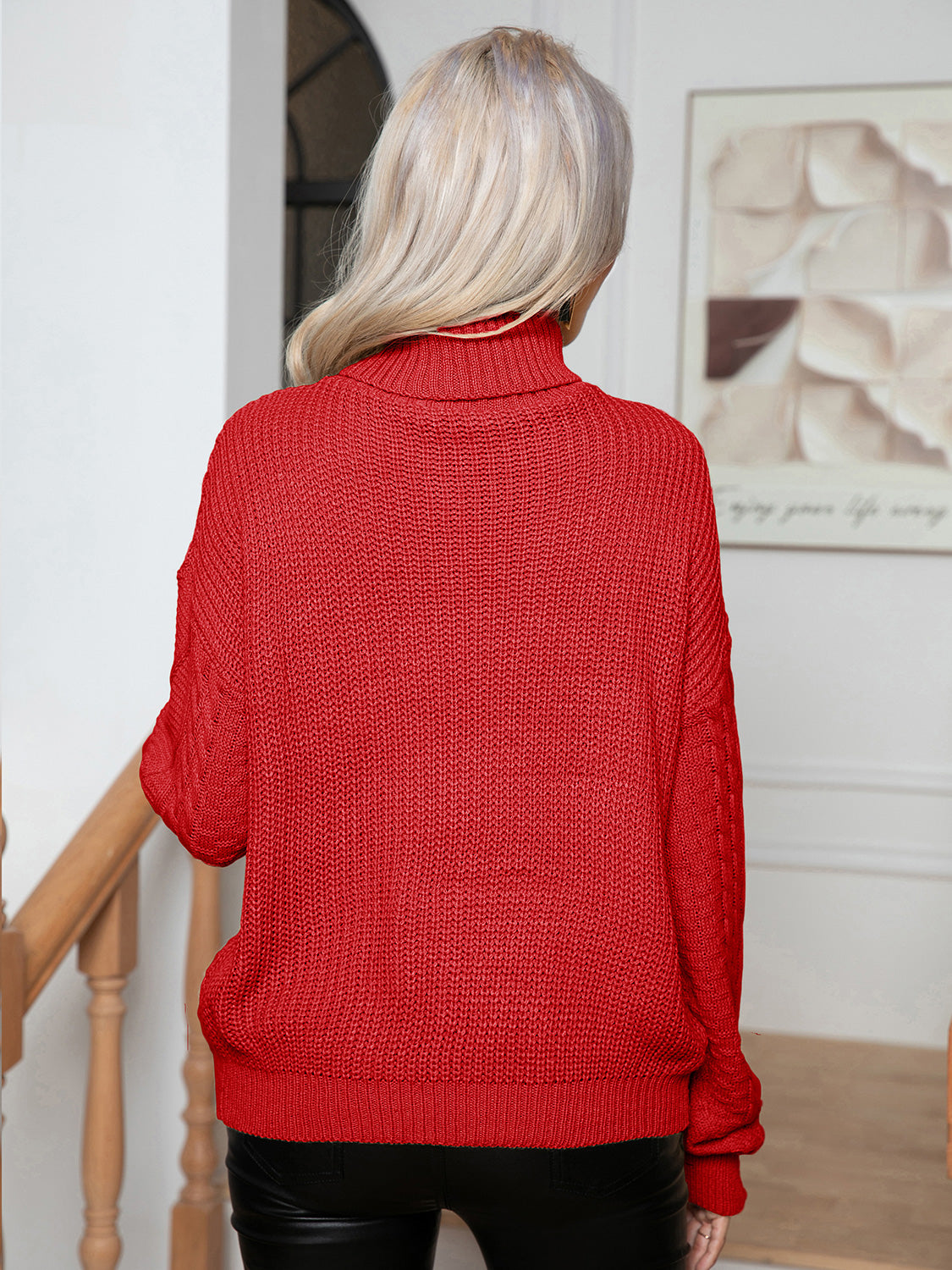 Deep red cable-knit turtleneck long sleeve sweater, back view with diamond texture