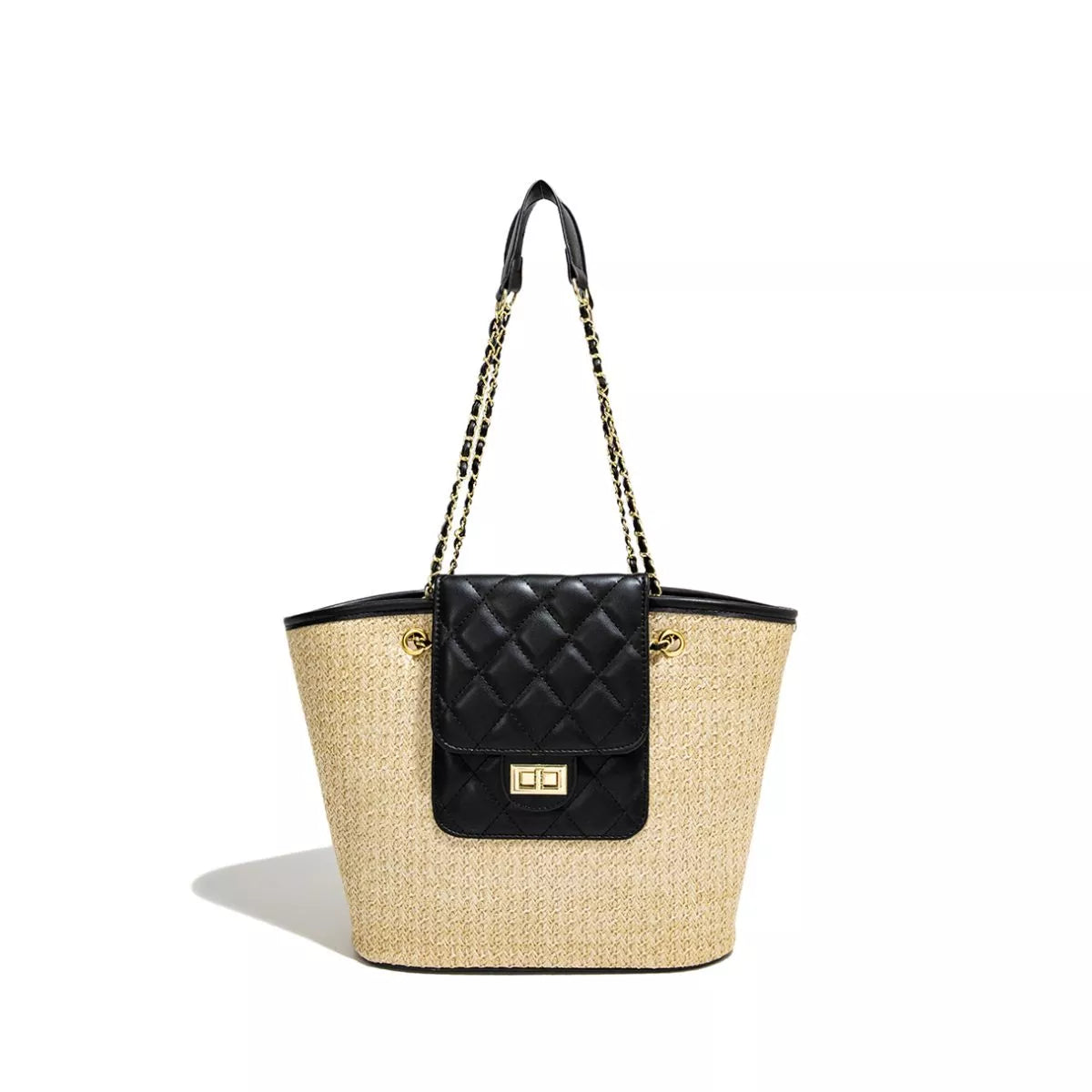 Woven straw tote with black quilted front pocket, chain handles, and gold-tone clasp