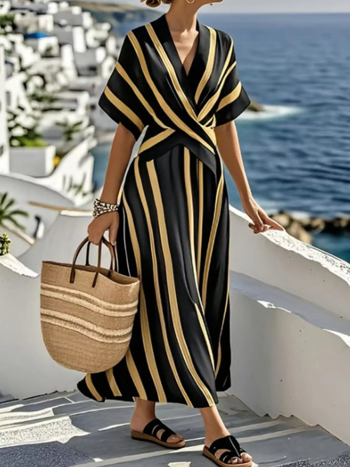 Striped surplice midi dress, black with gold vertical stripes and short sleeves