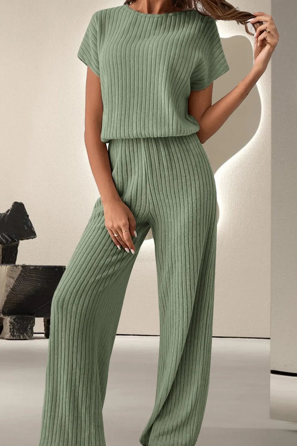 Sage ribbed knit round-neck short-sleeve jumpsuit with wide-leg fit