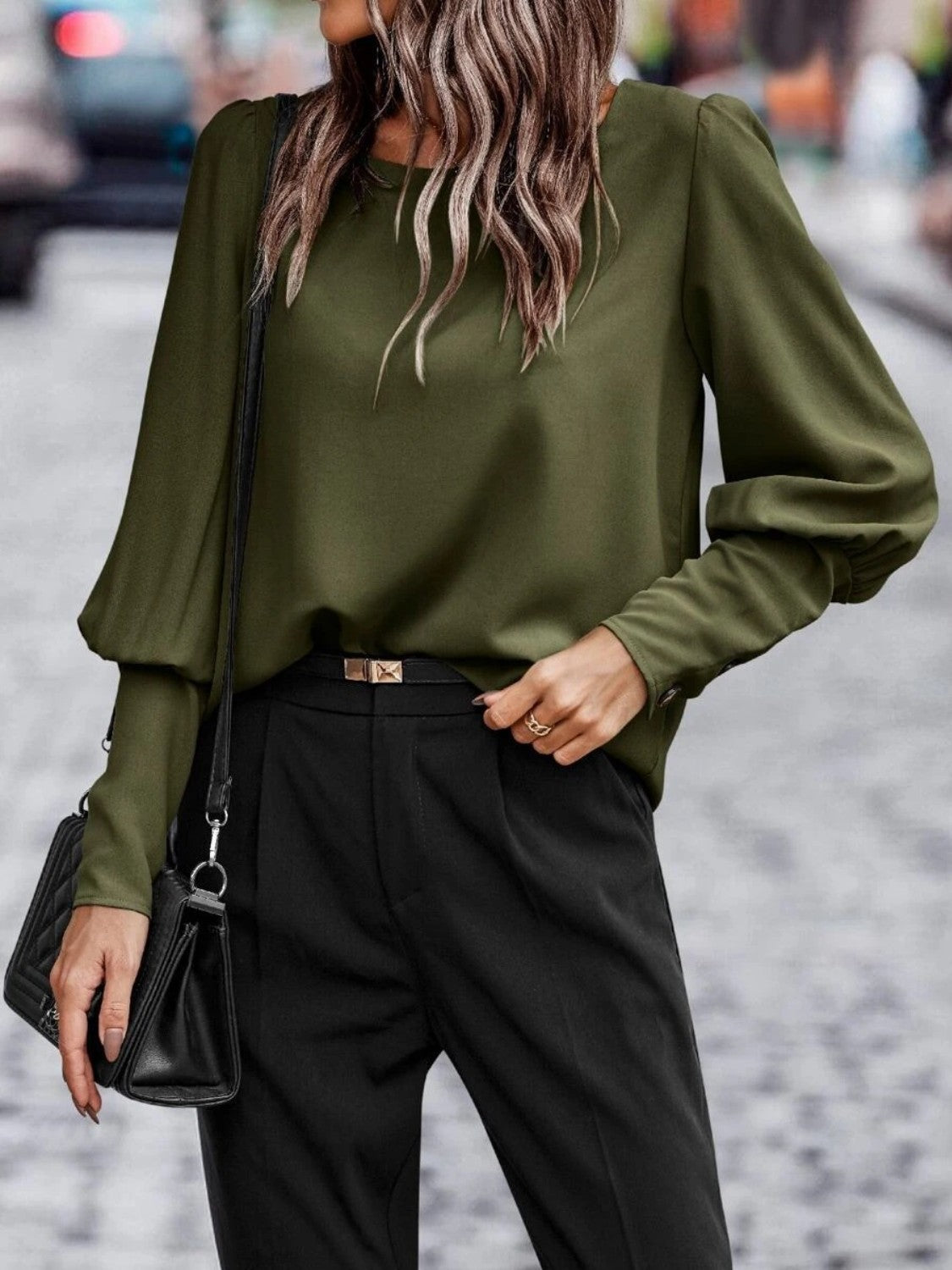 Olive green lantern-sleeve blouse back with button placket and gathered cuffs