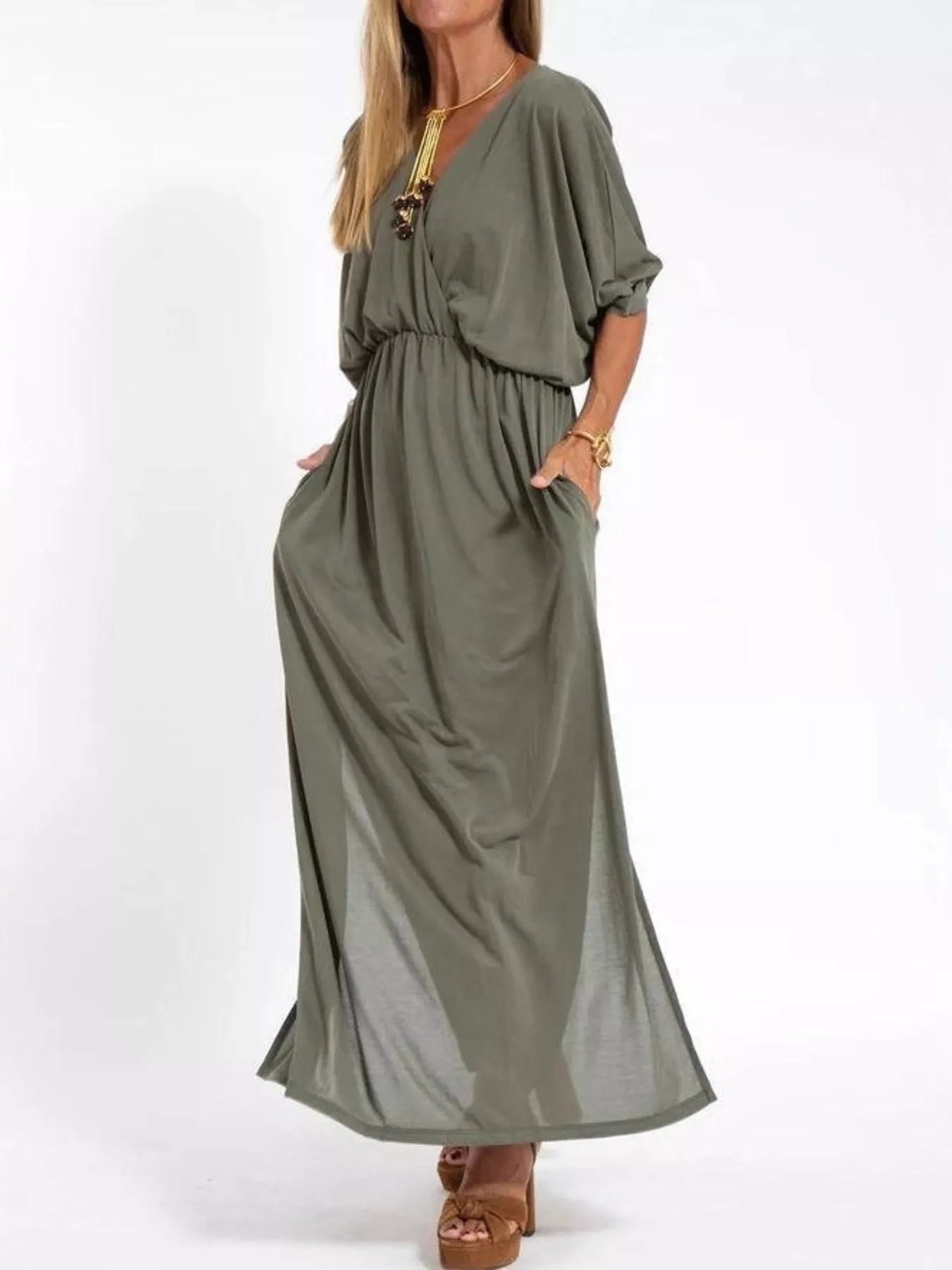 Army green V-neck batwing sleeve maxi dress with gathered waist and side slit