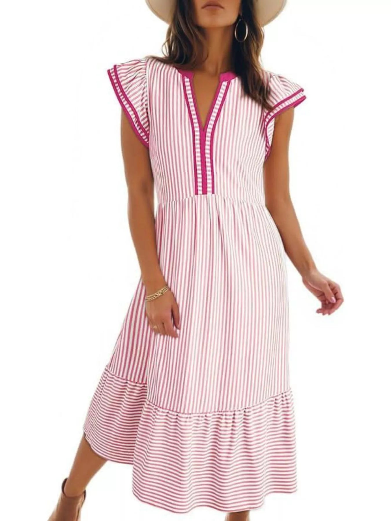Pink striped midi dress with ruffle cap sleeves, V-neck, and tiered skirt