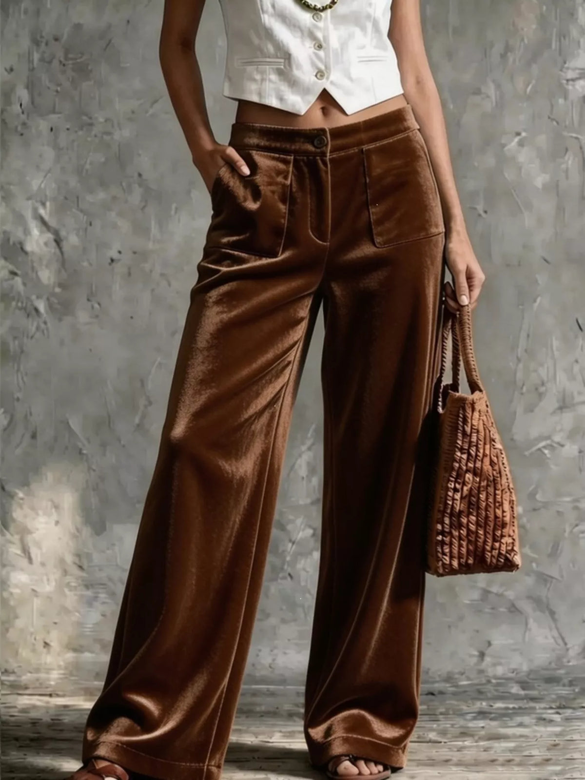 High-waist wide-leg velvet pants with pockets, coffee brown, button-front waist