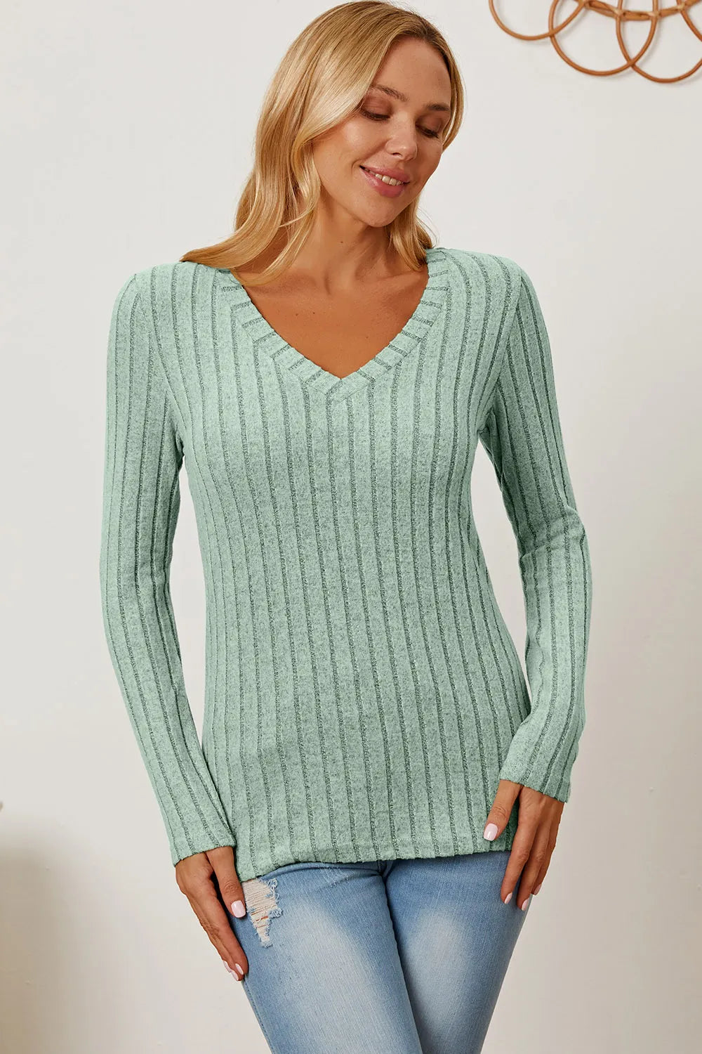 Cedar & Moore Basic Bae ribbed V-neck long sleeve knit top in mint green, by Trendsi