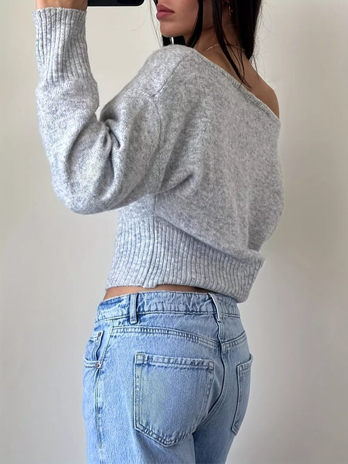 Boat-neck long sleeve sweater, gray knit with ribbed cuffs