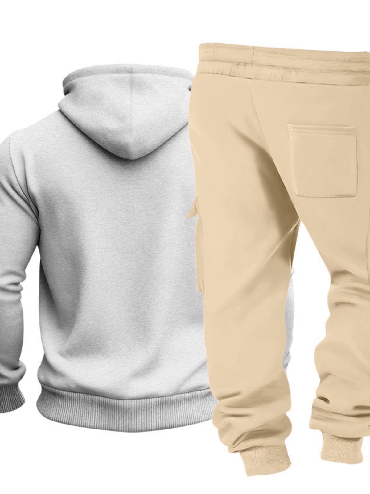 Light gray kangaroo hoodie and tan sweatpants set for men, hood with drawstring