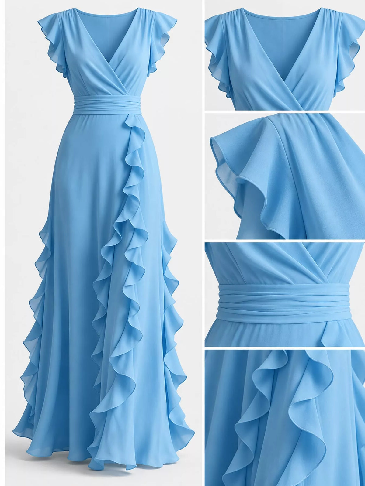 Sky blue ruffled maxi dress closeup, V-neck wrap bodice and tiered ruffle skirt