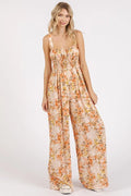 Peach floral sleeveless jumpsuit with gathered bust and wide-leg pants