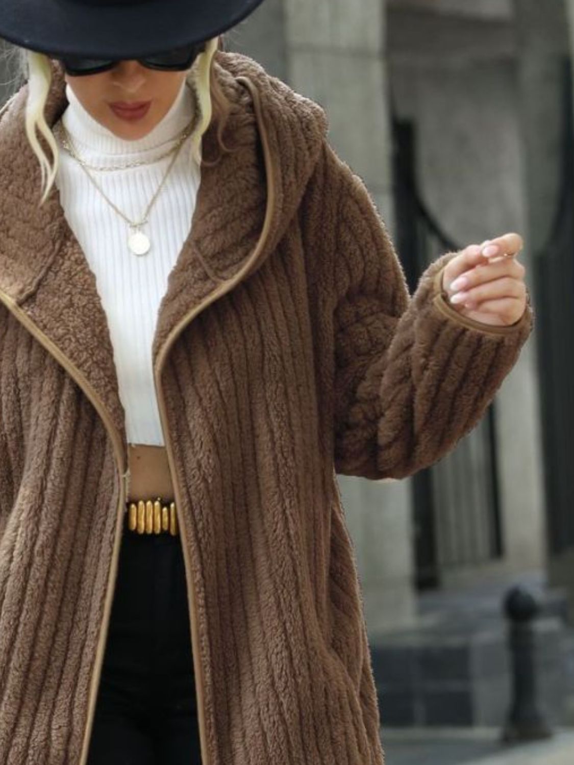 Brown ribbed open-front hooded coat with long sleeves