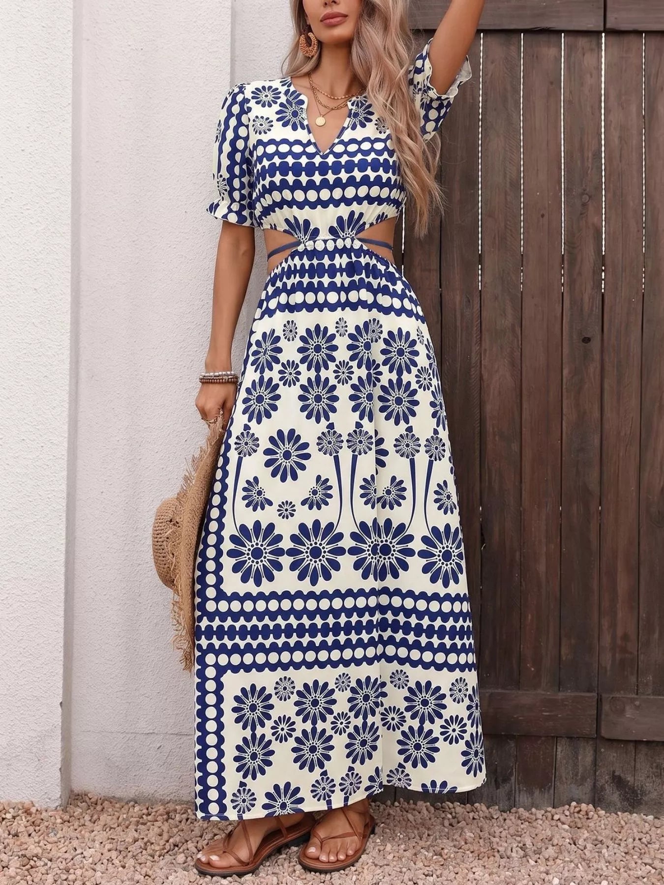 Cedar & Moore Floral Print Cutout Waist Maxi Dress in navy and white with waist cutouts and a slit