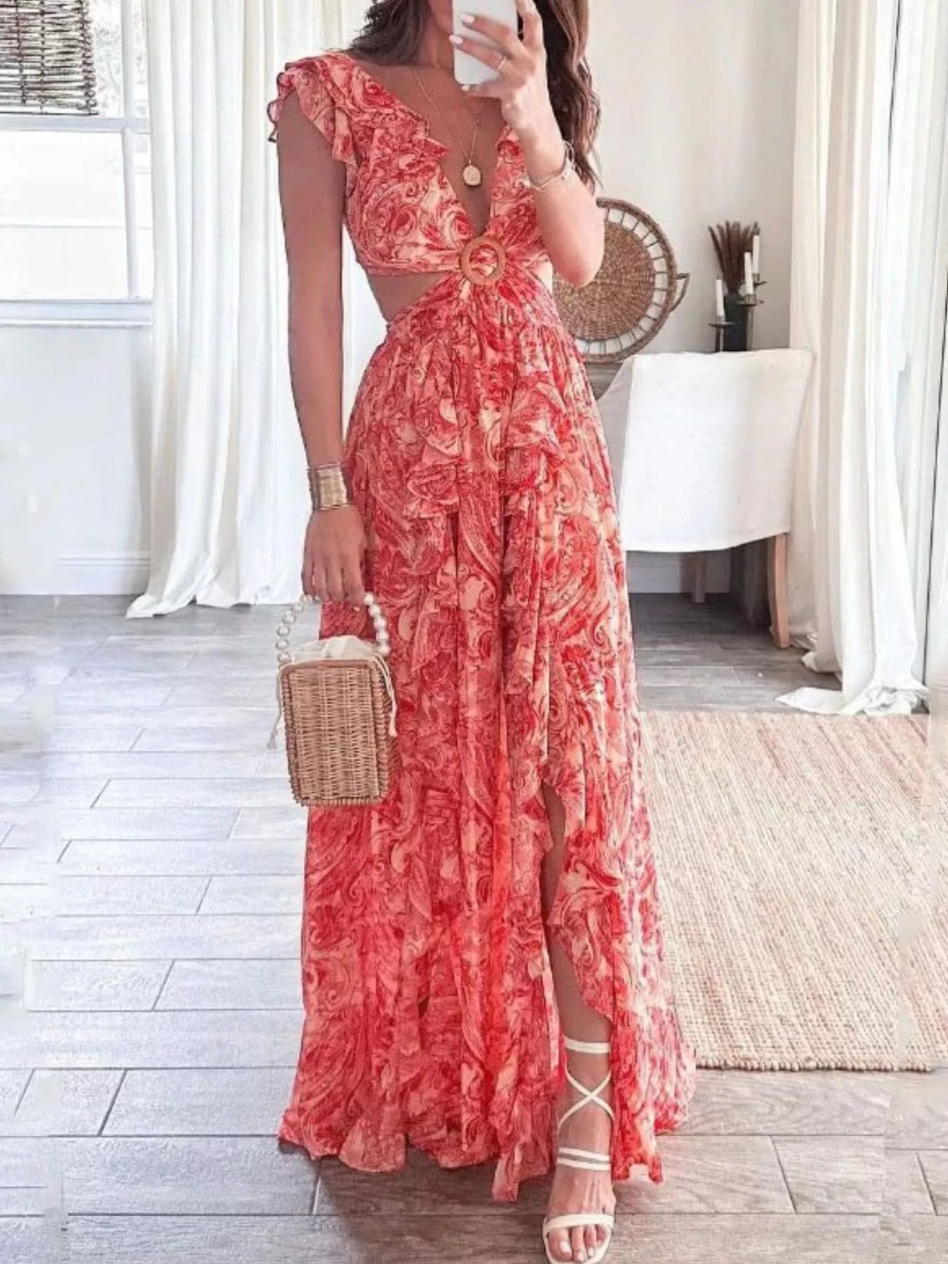 Cedar & Moore Full Size Ruffled Cutout V-Neck Maxi Dress Plus Size in coral floral with waist cutout and slit